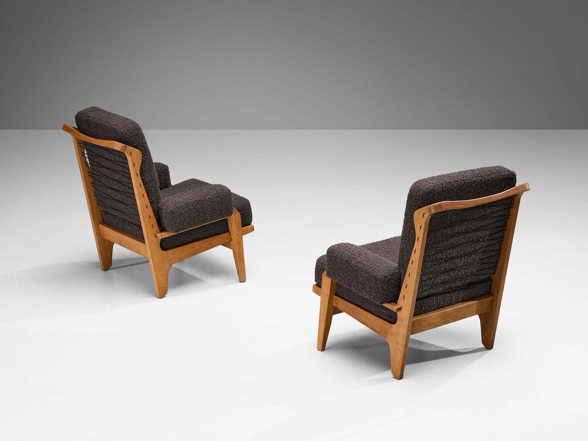 Guillerme & Chambron Pair of 'Scoubidou' Lounge Chairs in Oak and Bouclé  5