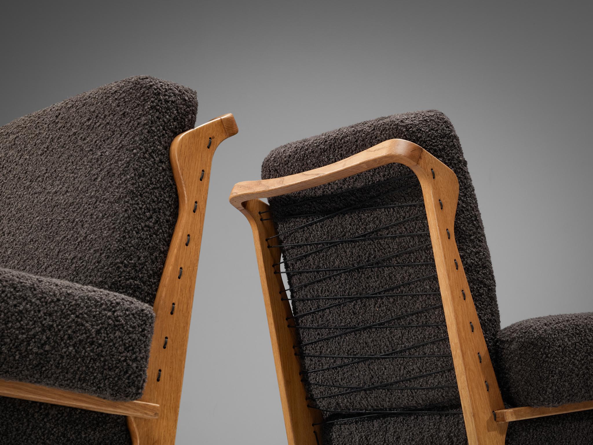Mid-Century Modern Guillerme & Chambron Pair of 'Scoubidou' Lounge Chairs in Oak and Bouclé 