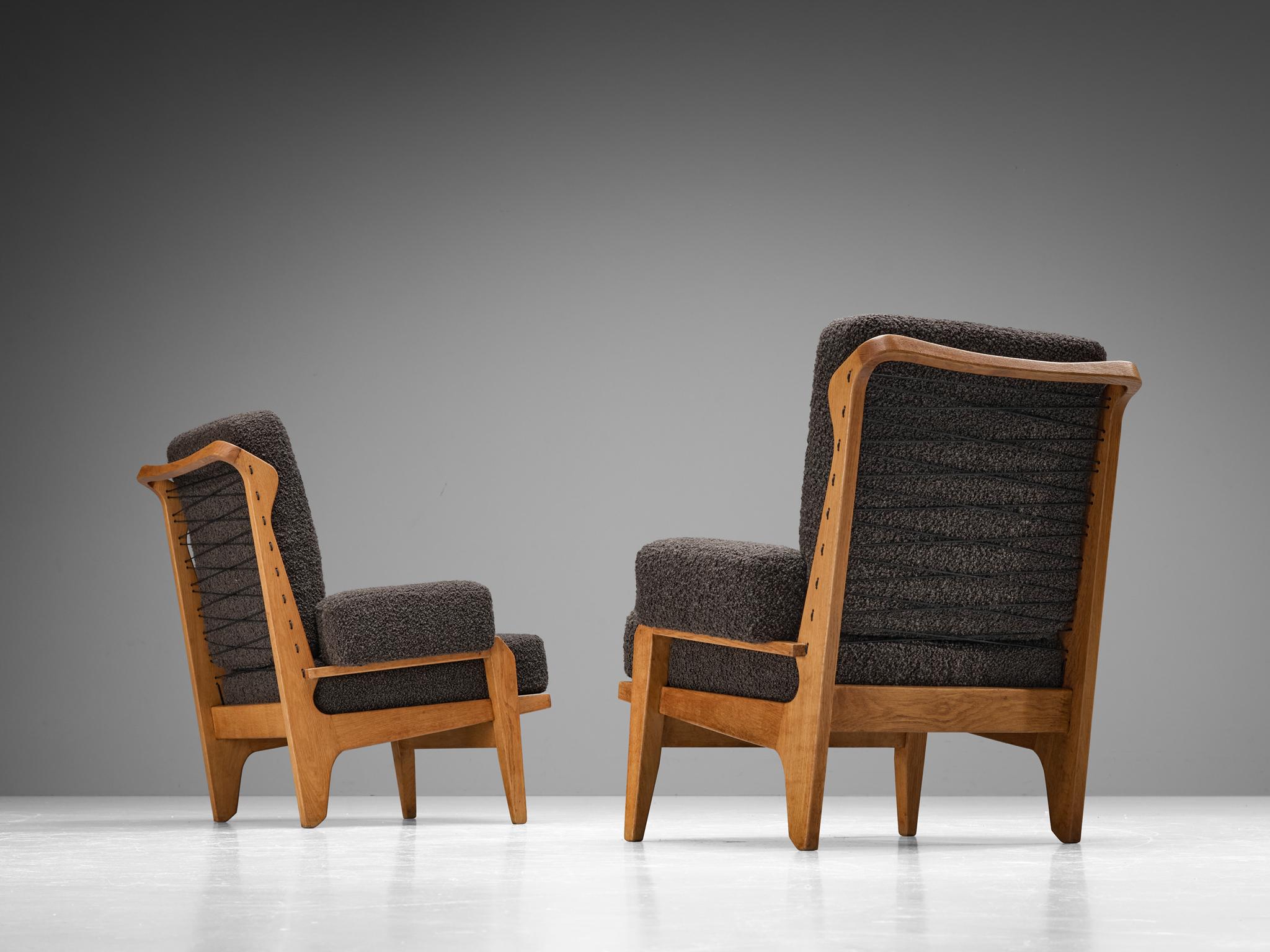 French Guillerme & Chambron Pair of 'Scoubidou' Lounge Chairs in Oak and Bouclé 