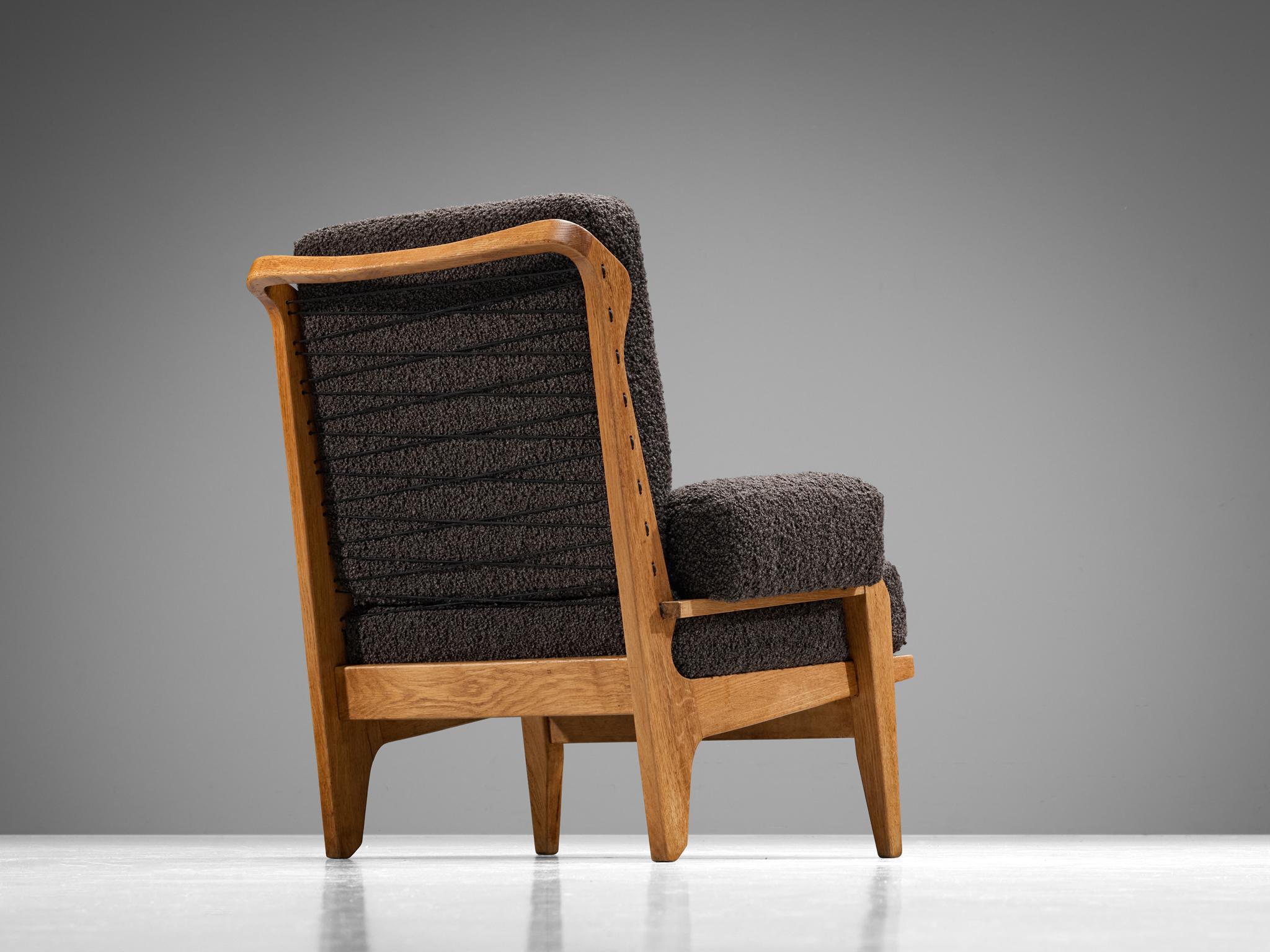 Guillerme & Chambron Pair of 'Scoubidou' Lounge Chairs in Oak and Bouclé  1