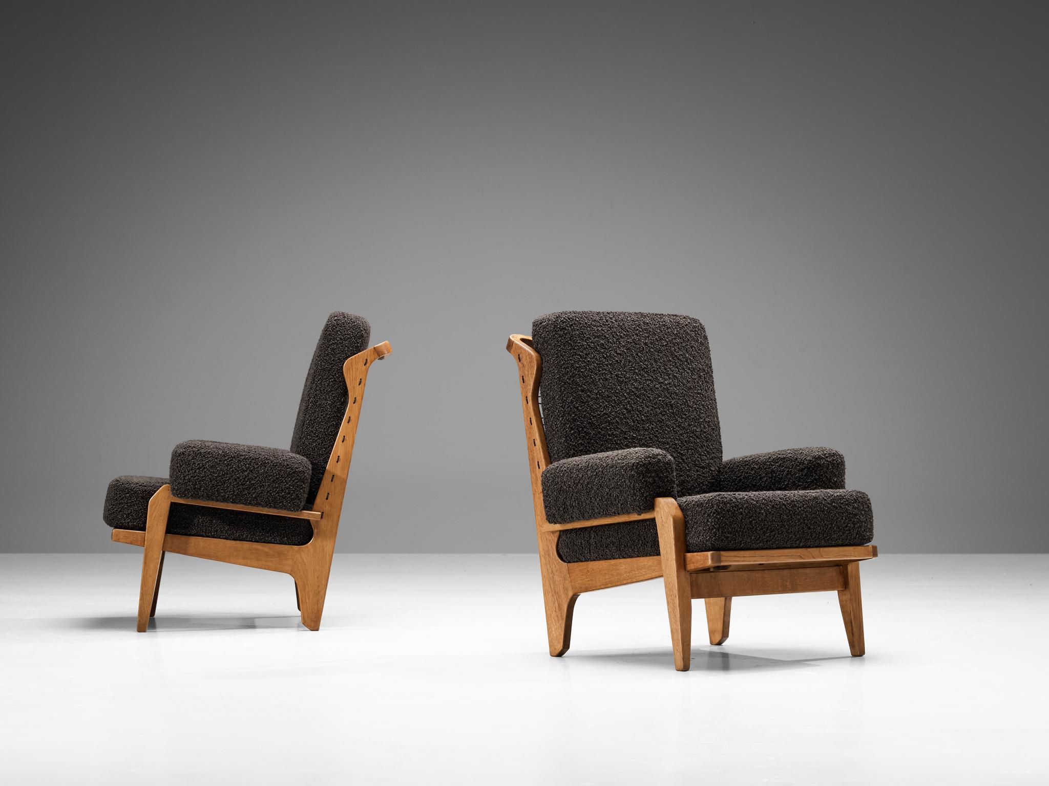 Guillerme & Chambron Pair of 'Scoubidou' Lounge Chairs in Oak and Bouclé  2