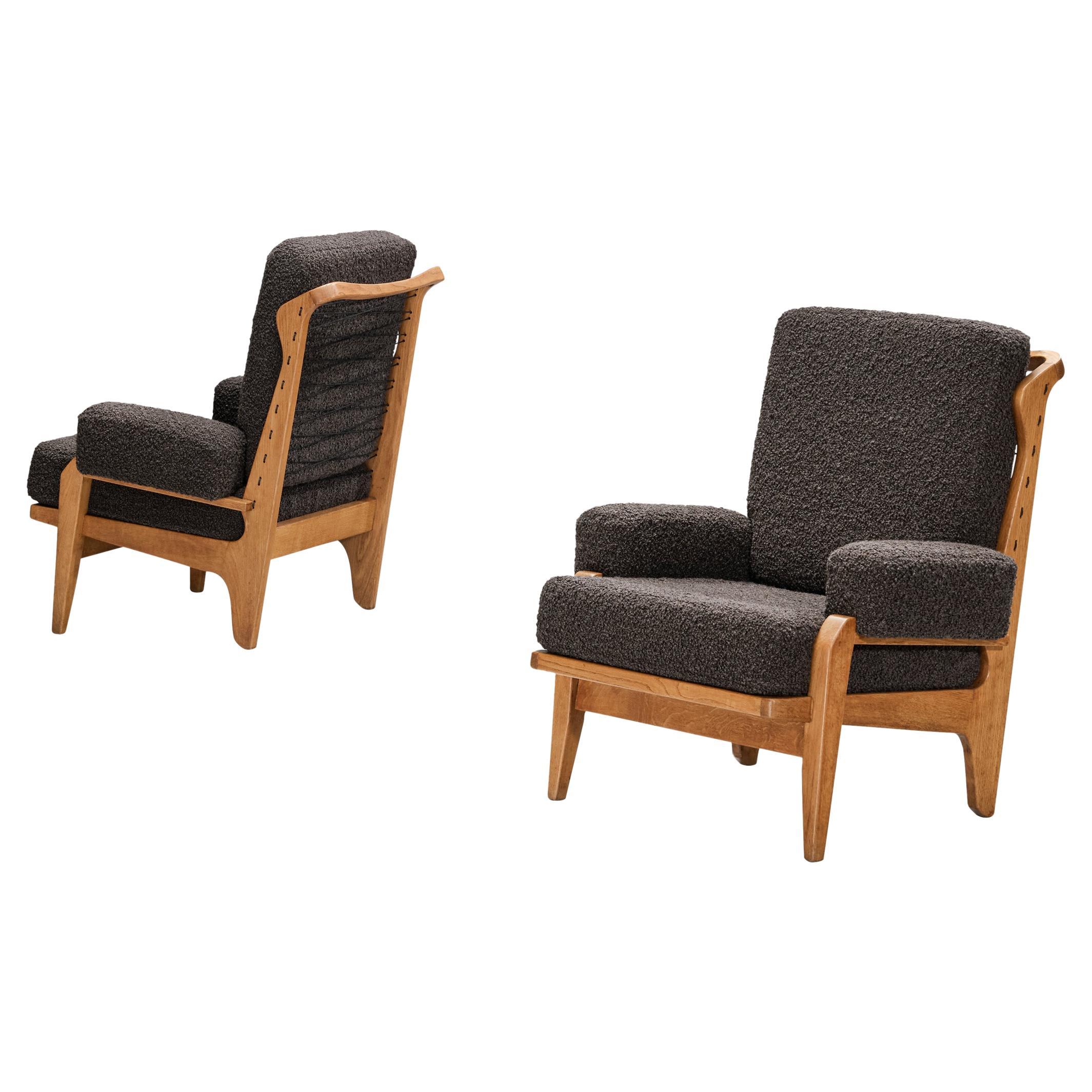 Guillerme & Chambron Pair of 'Scoubidou' Lounge Chairs in Oak and Bouclé 