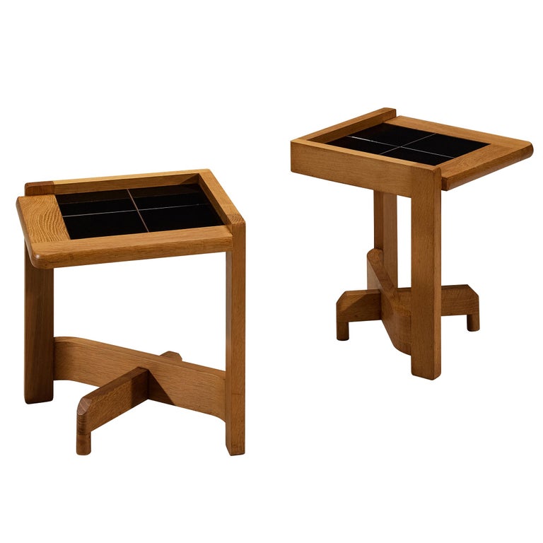 Guillerme & Chambron Pair of Side Tables in Solid Oak and Ceramic