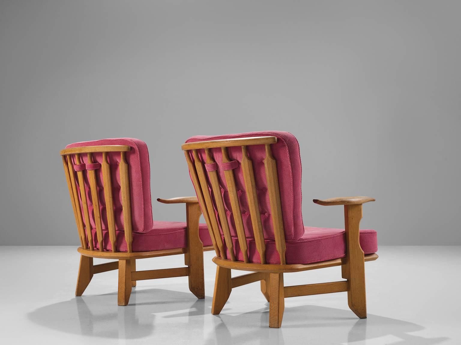 French Guillerme & Chambron Pair of Solid Oak Armchairs in Pink Upholstery