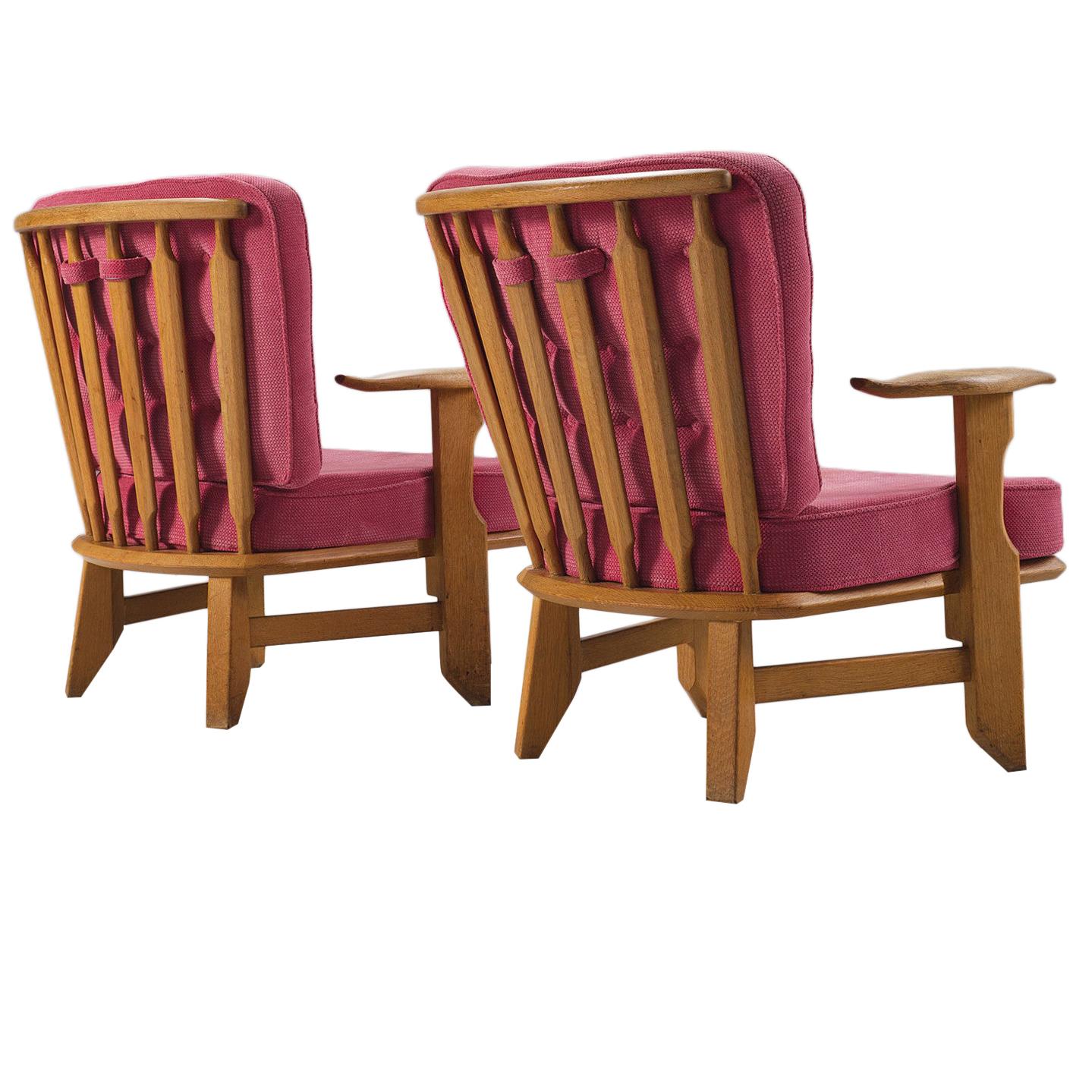 Guillerme & Chambron Pair of Solid Oak Armchairs in Pink Upholstery