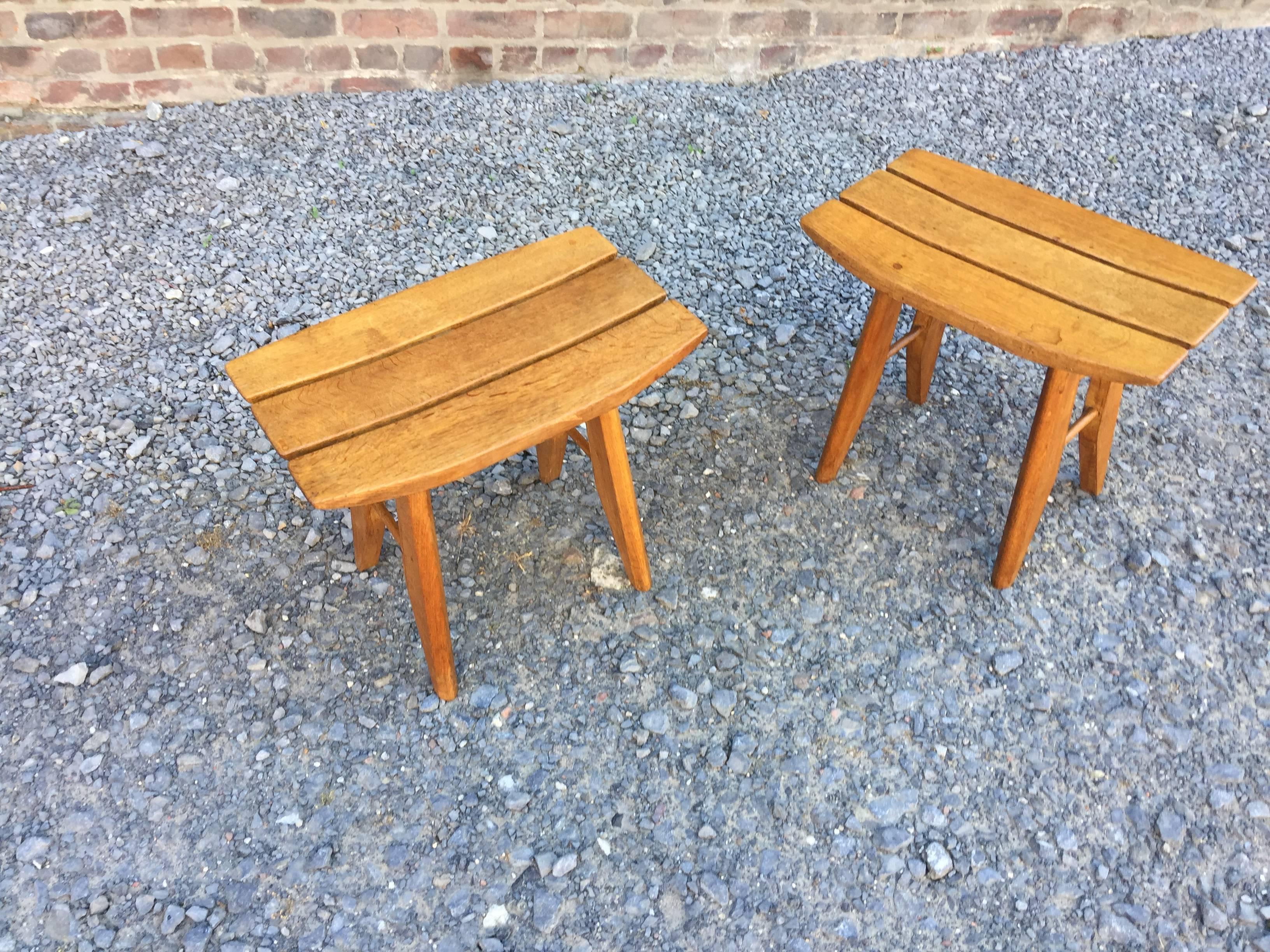 French Guillerme & Chambron, 2 Solid Oak Stools, Edition Votre Maison, 1960 For Sale