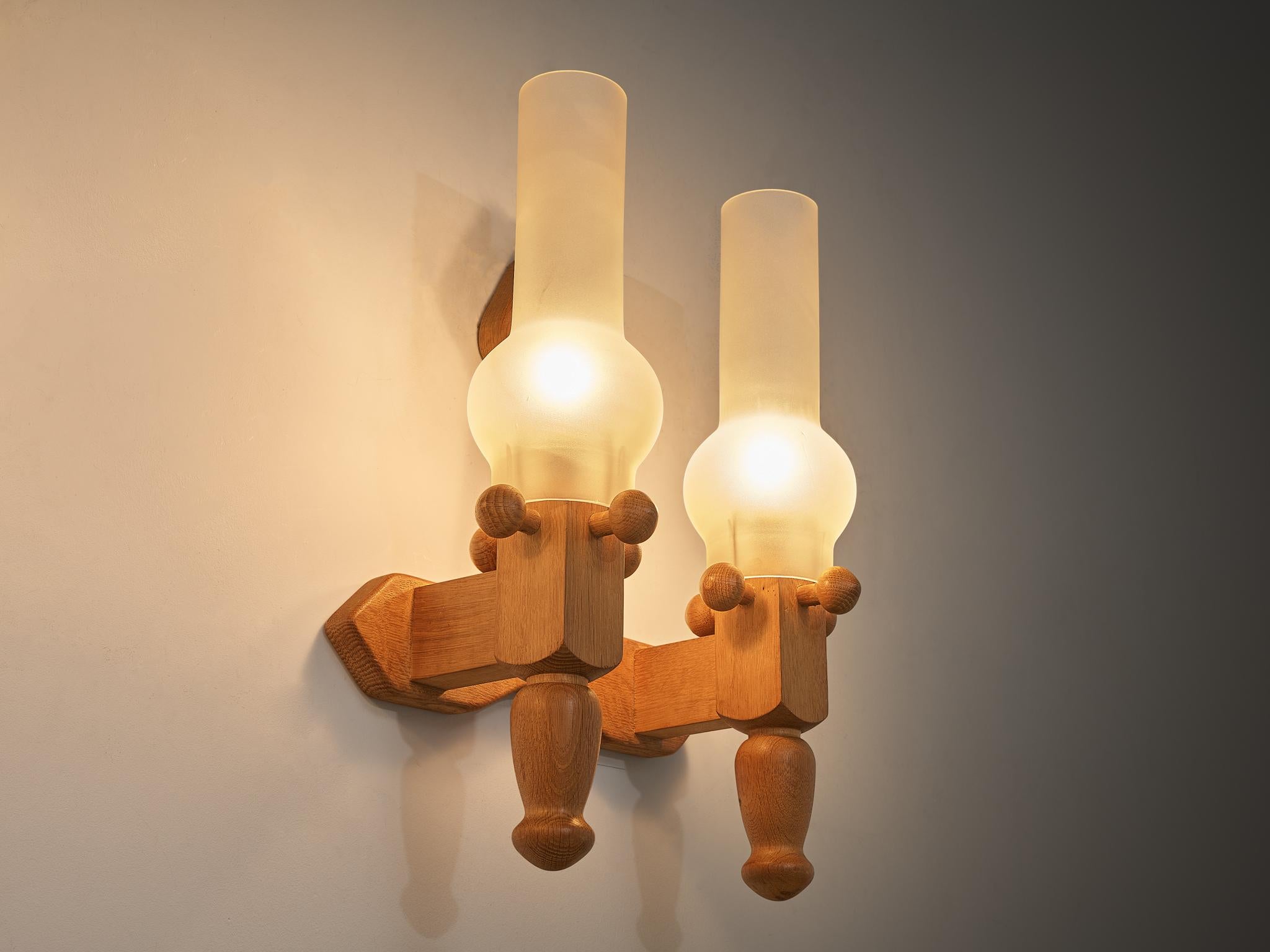 Guillerme & Chambron Pair of Wall Lights in Oak and Glass For Sale 4