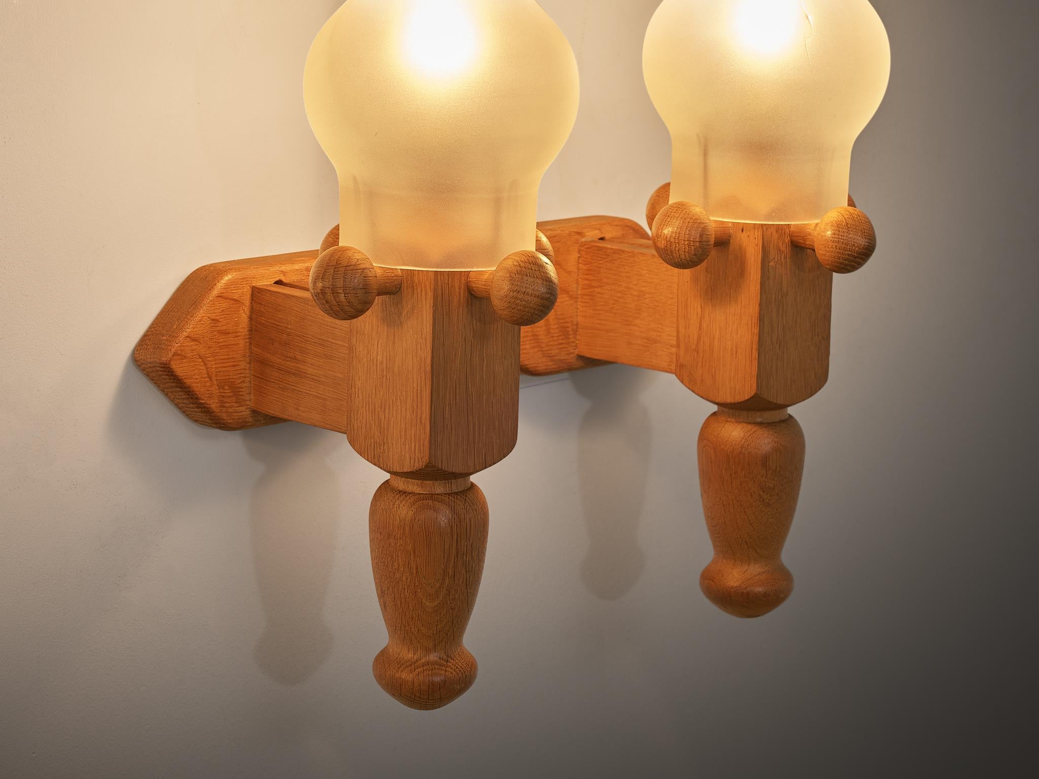 Guillerme & Chambron Pair of Wall Lights in Oak and Glass For Sale 1