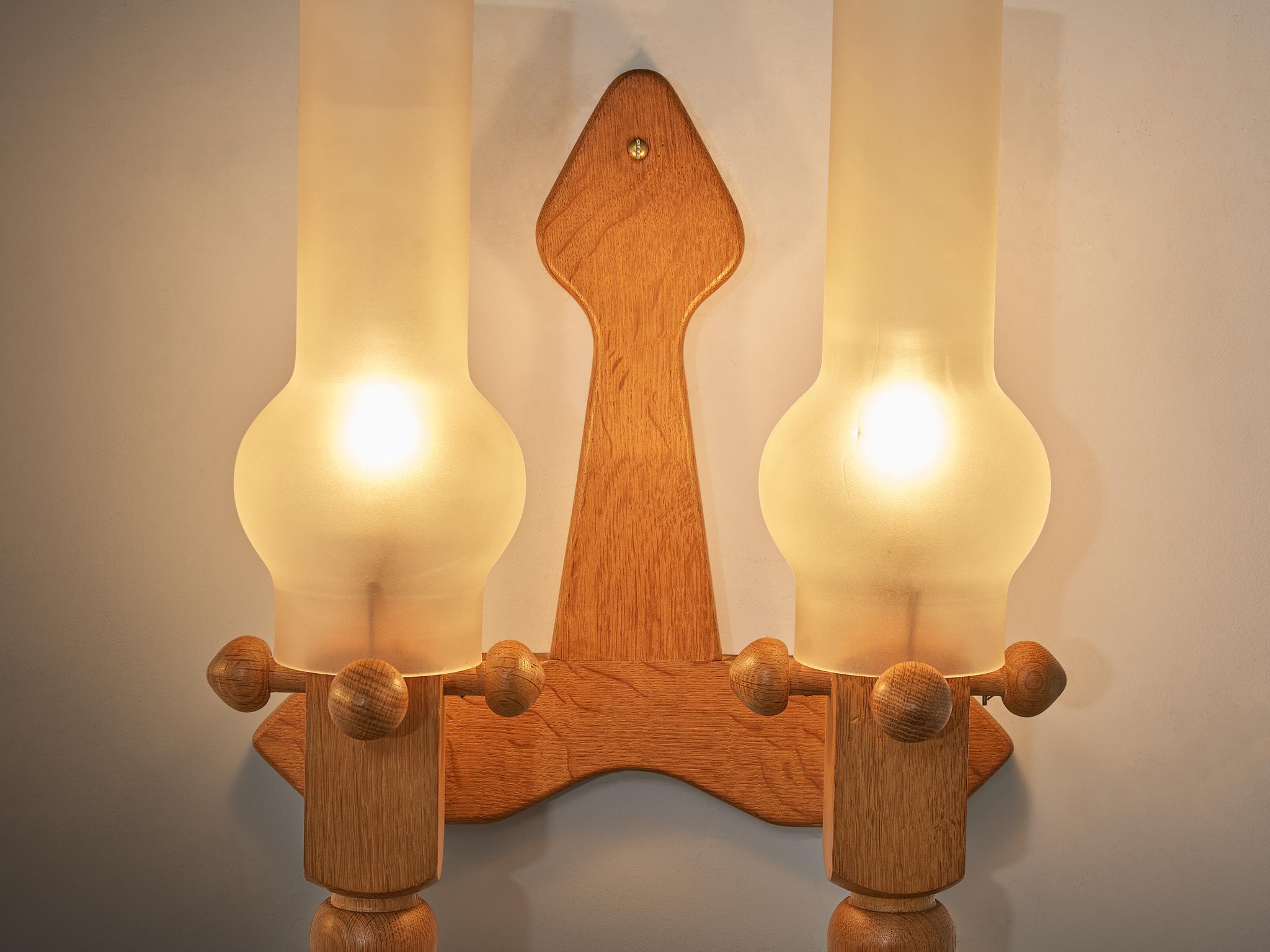 Guillerme & Chambron Pair of Wall Lights in Oak and Glass For Sale 2