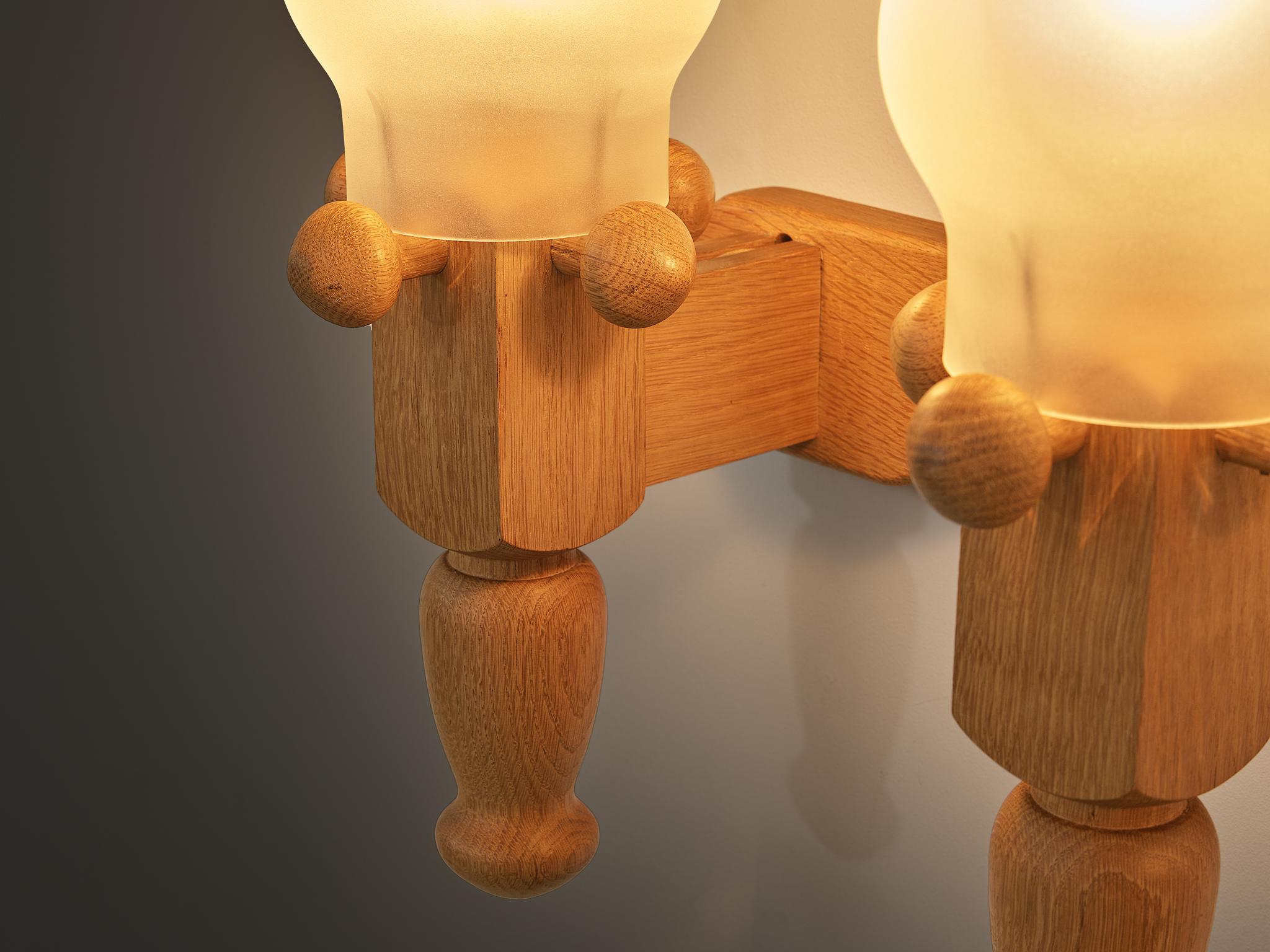 Guillerme & Chambron Pair of Wall Lights in Oak and Glass For Sale 3