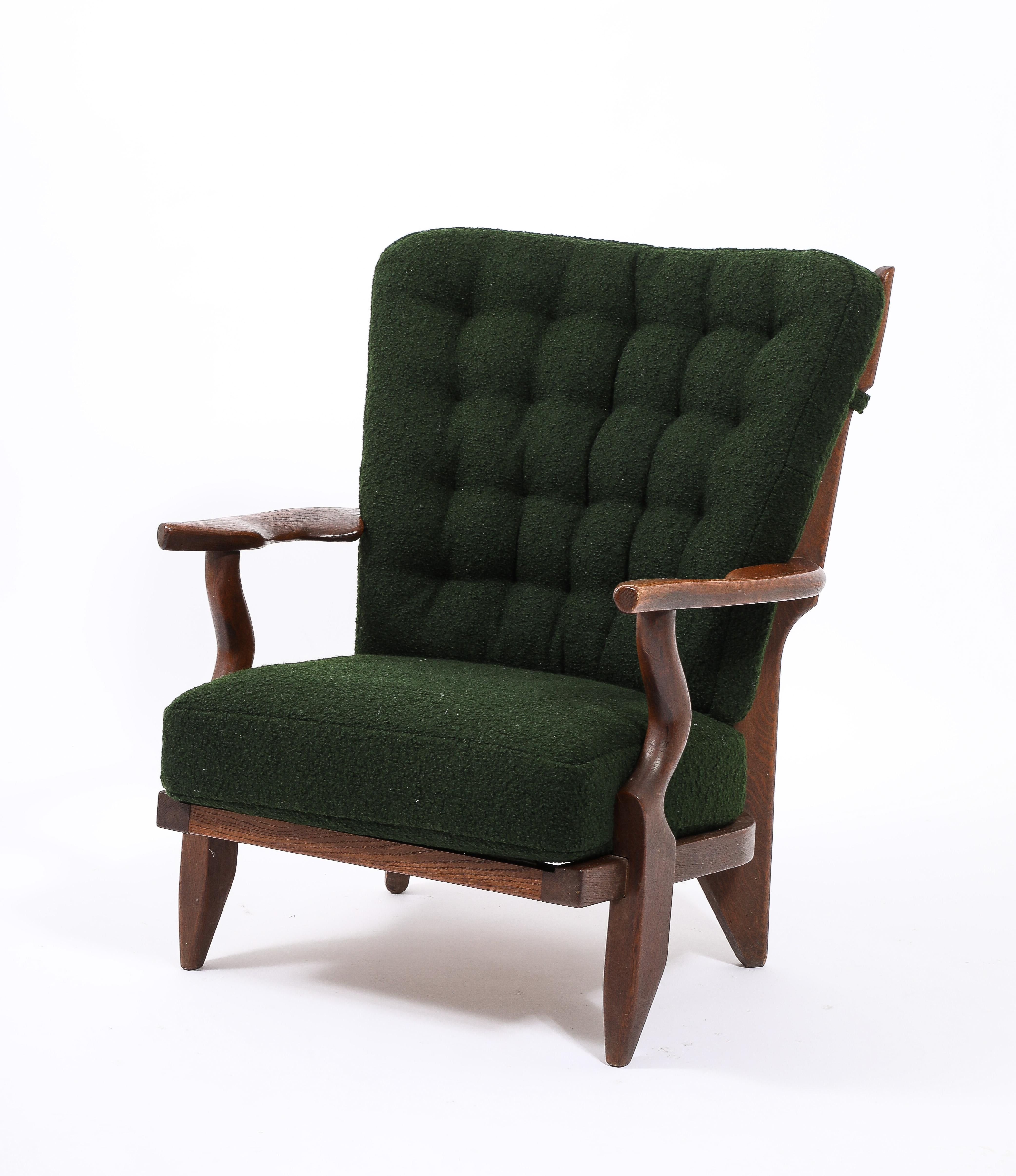 Guillerme & Chambron Petit Repos Armchair in Green Bouclé, France 1950's For Sale 4