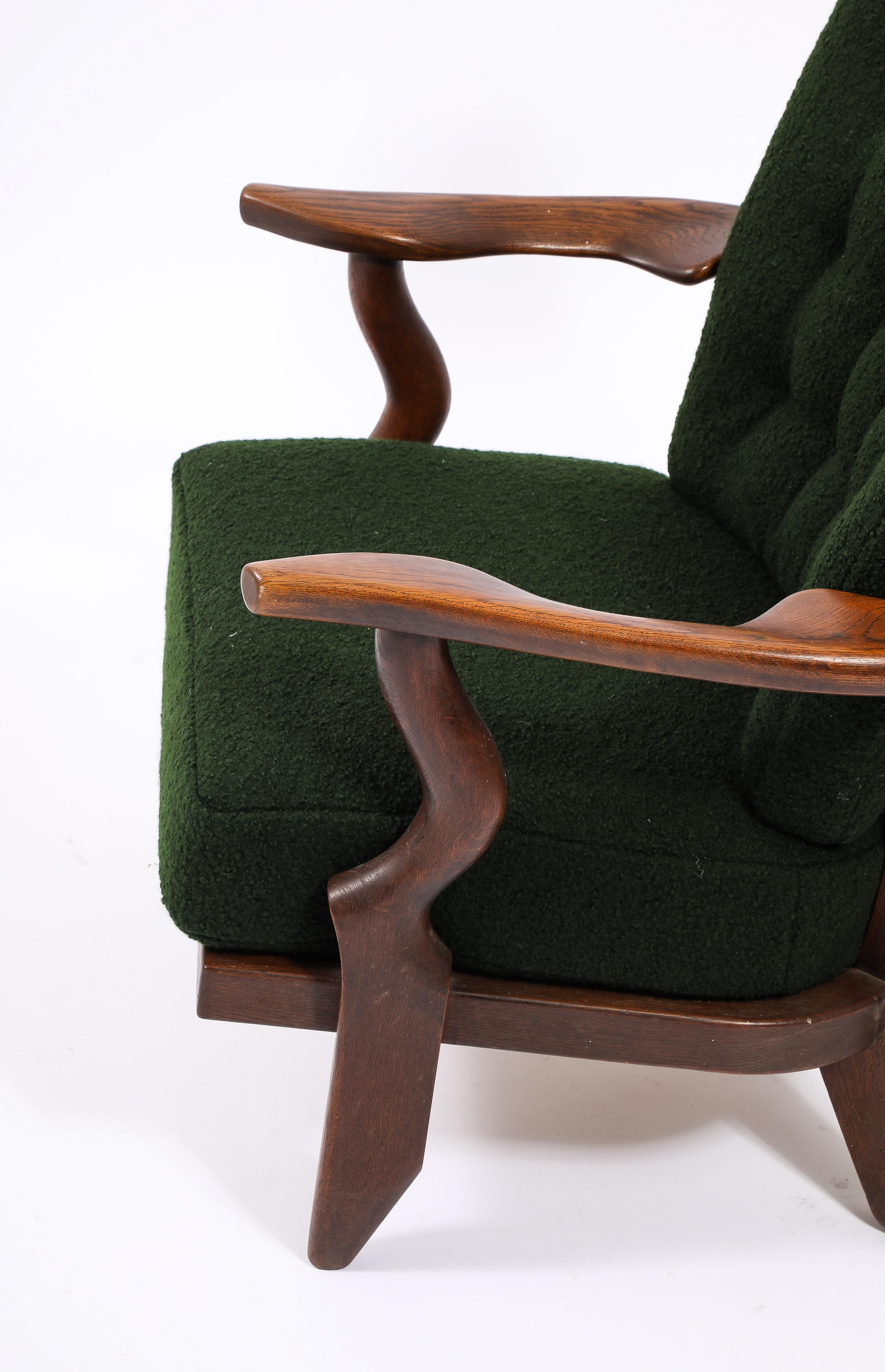 Guillerme & Chambron Petit Repos Armchair in Green Bouclé, France 1950's In Good Condition For Sale In New York, NY