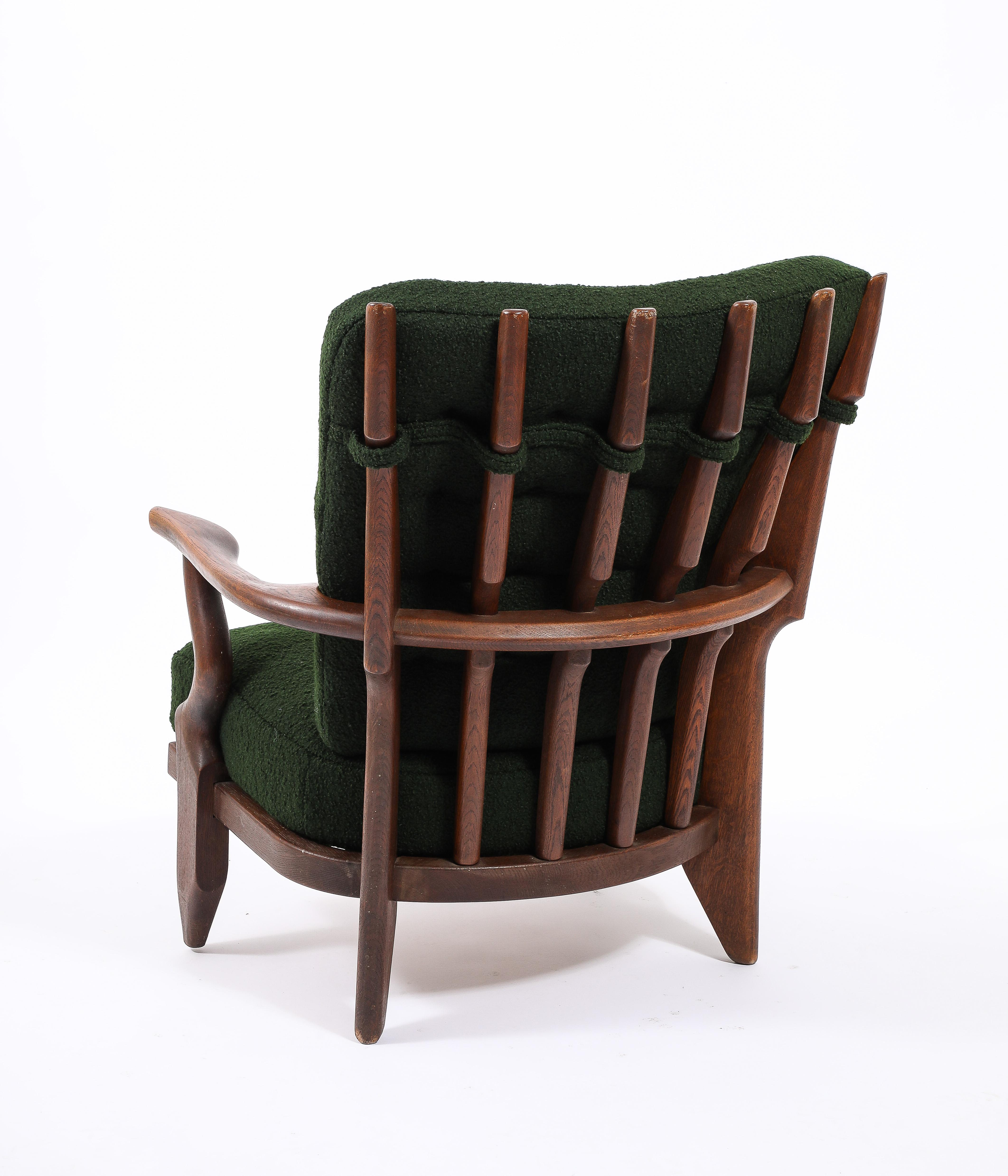 20th Century Guillerme & Chambron Petit Repos Armchair in Green Bouclé, France 1950's For Sale