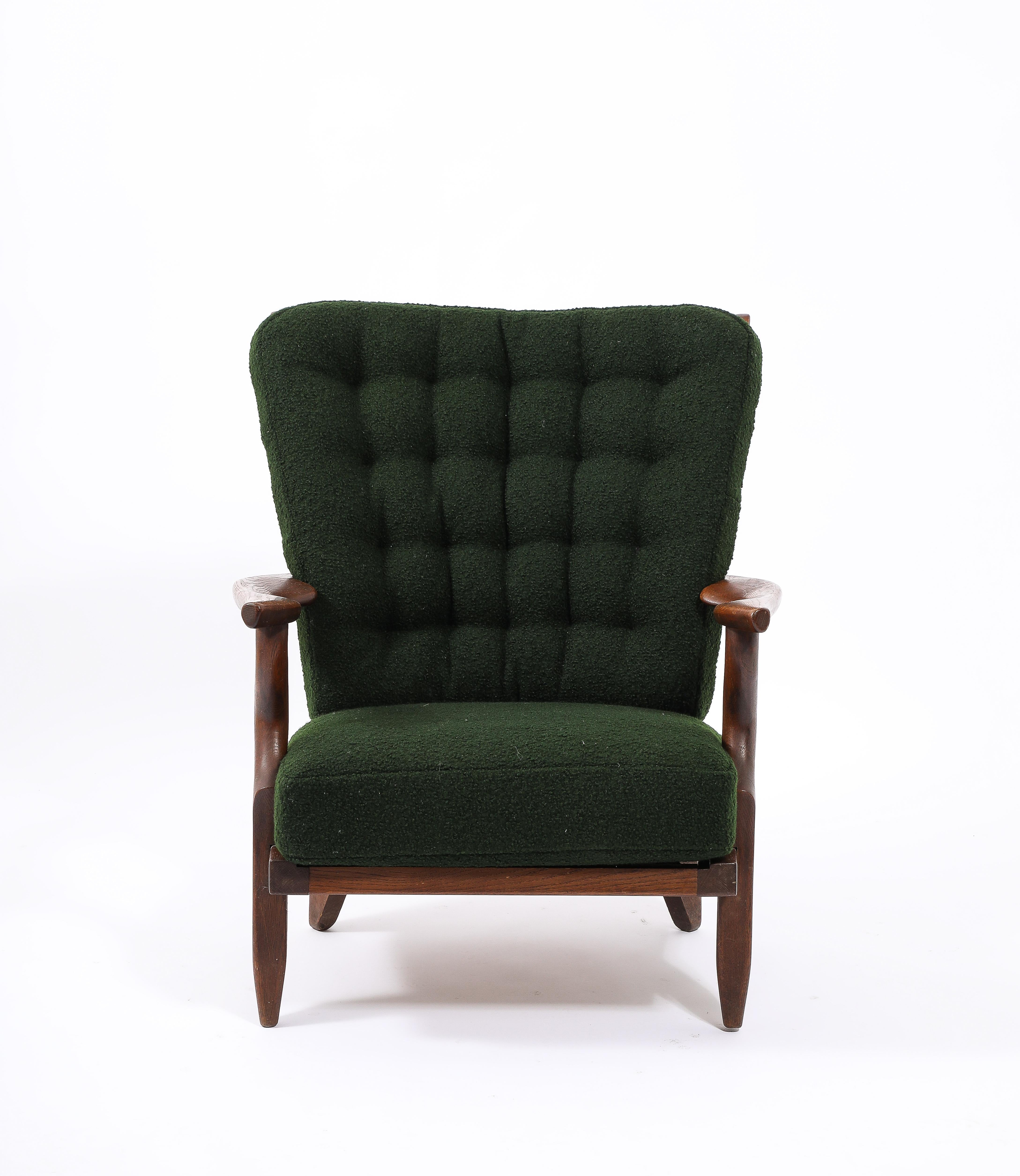 Guillerme & Chambron Petit Repos Armchair in Green Bouclé, France 1950's For Sale 2