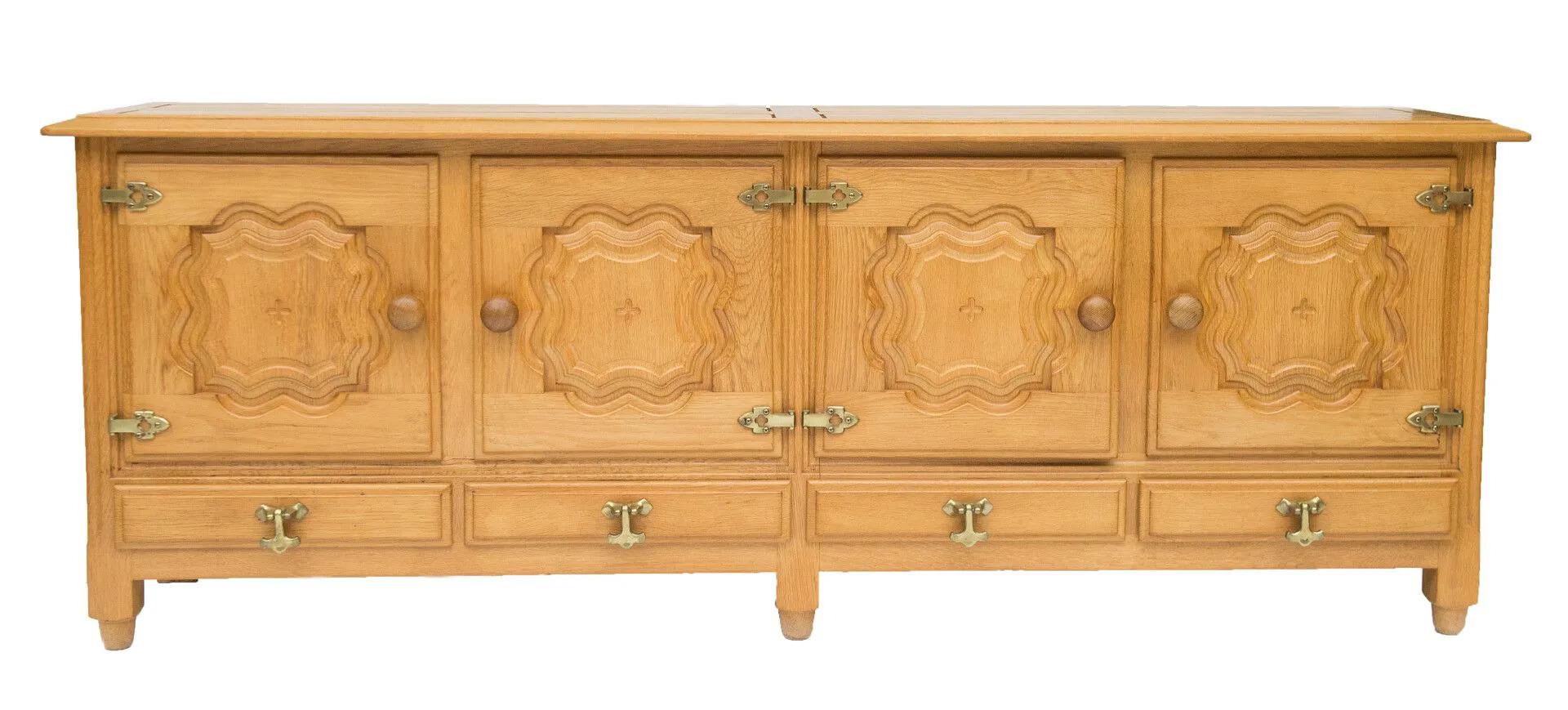 French Guillerme & Chambron Rare Large Oak Sideboard with Four Doors and Four Drawers For Sale