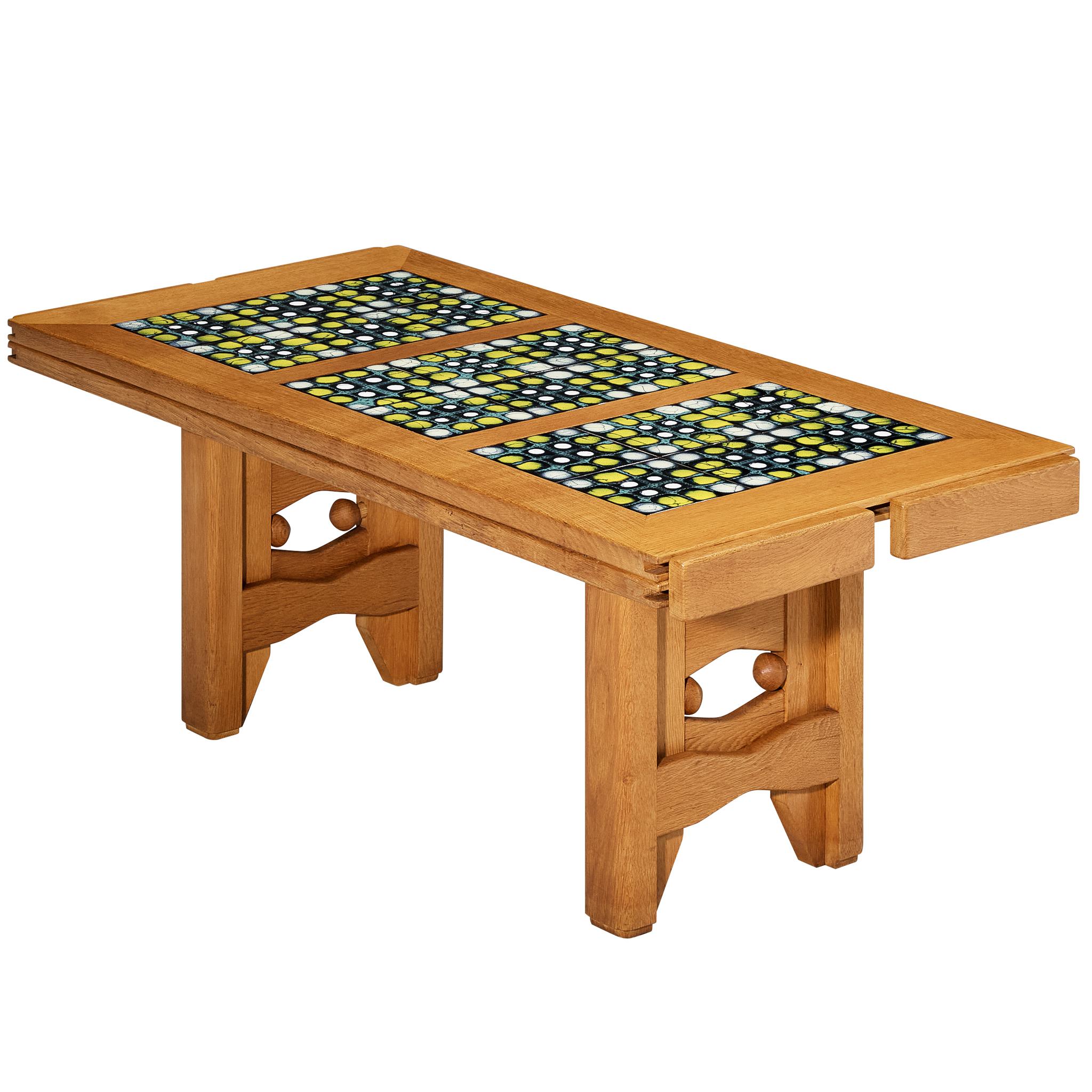 Guillerme & Chambron Rectangular Coffee Table in Oak with Ceramic For Sale