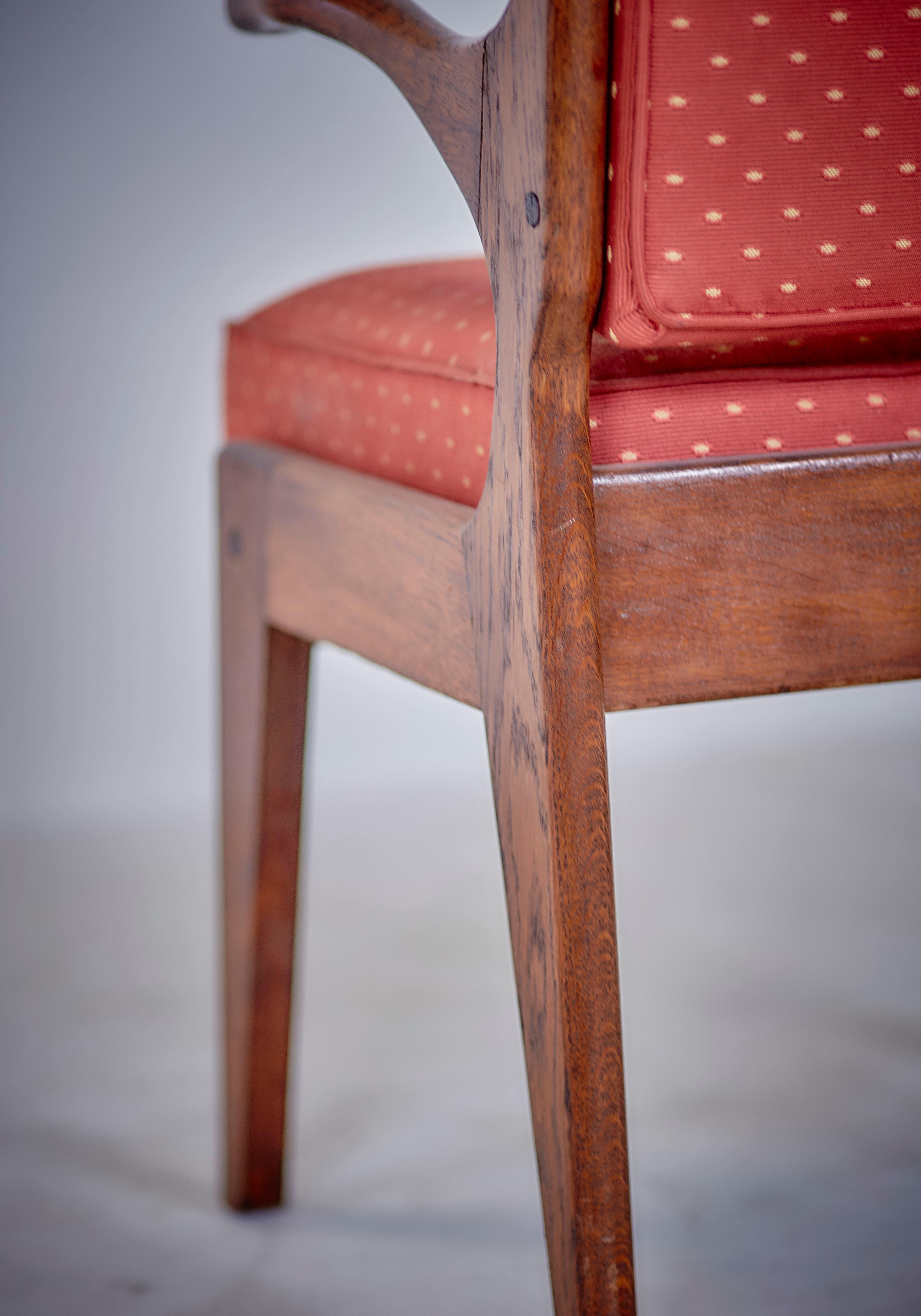 Guillerme & Chambron Midcentury Red Varnished Oak and Fabric French Chairs, 1960 For Sale 6