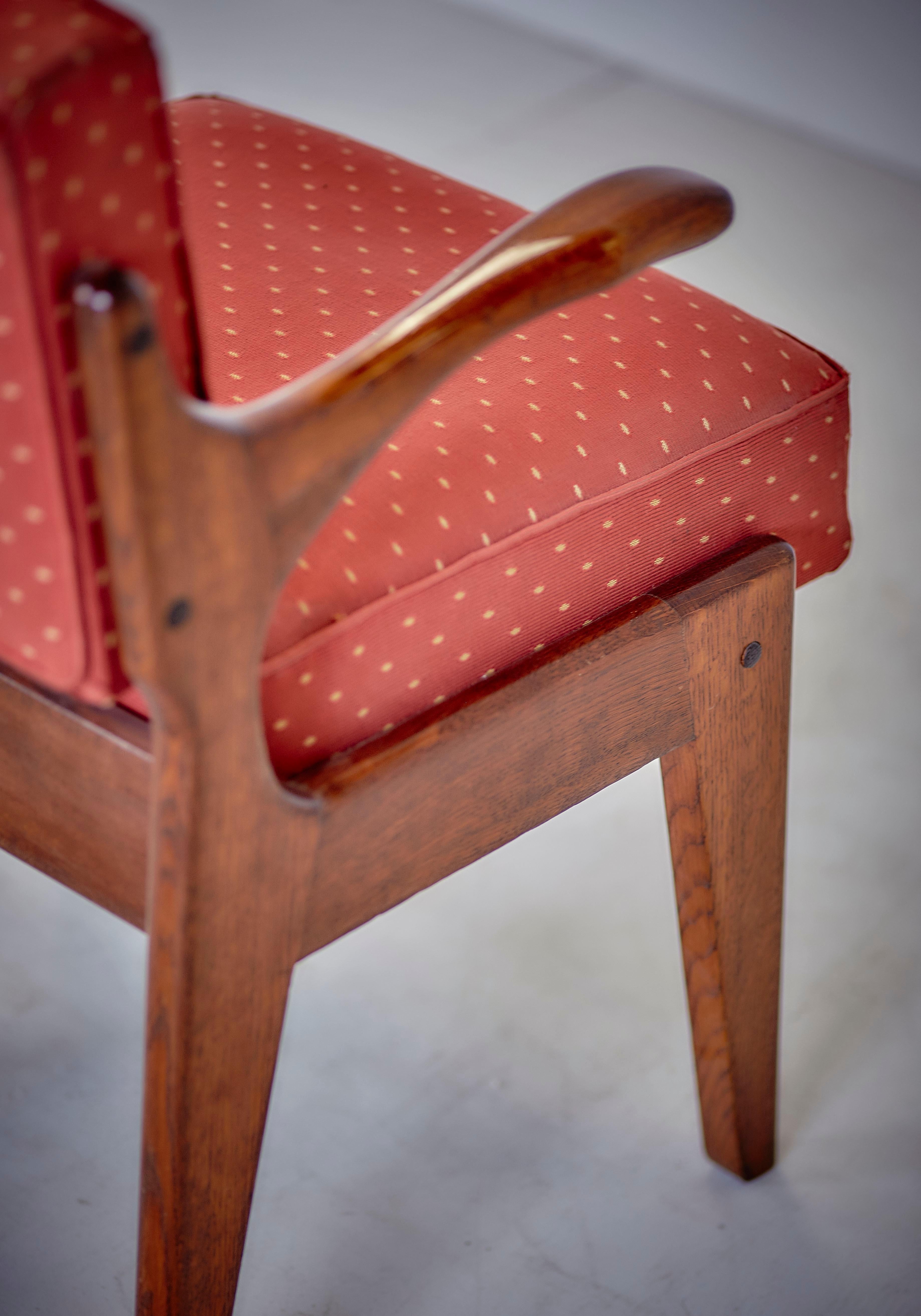 Guillerme & Chambron Midcentury Red Varnished Oak and Fabric French Chairs, 1960 For Sale 7