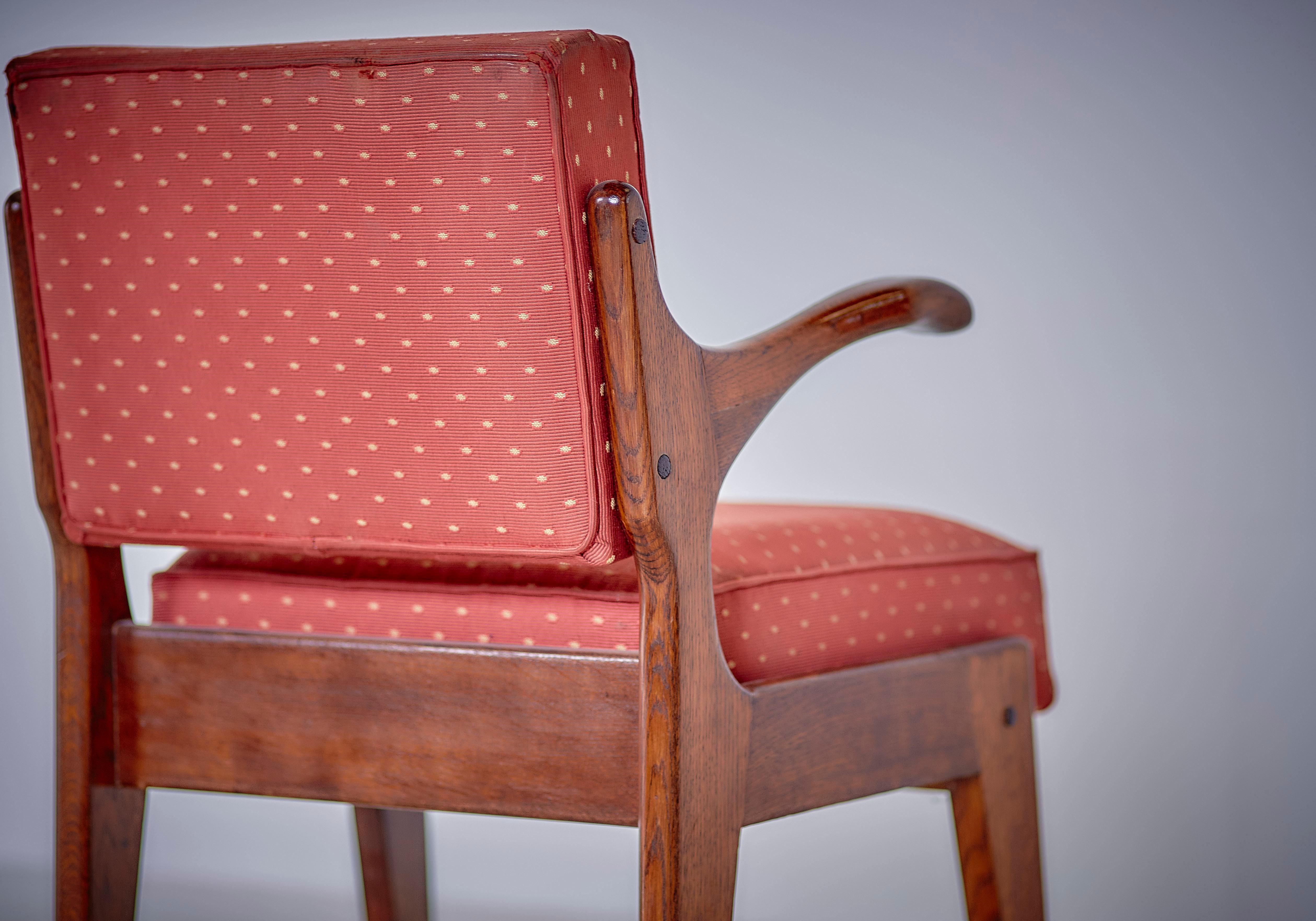 Guillerme & Chambron Midcentury Red Varnished Oak and Fabric French Chairs, 1960 For Sale 8