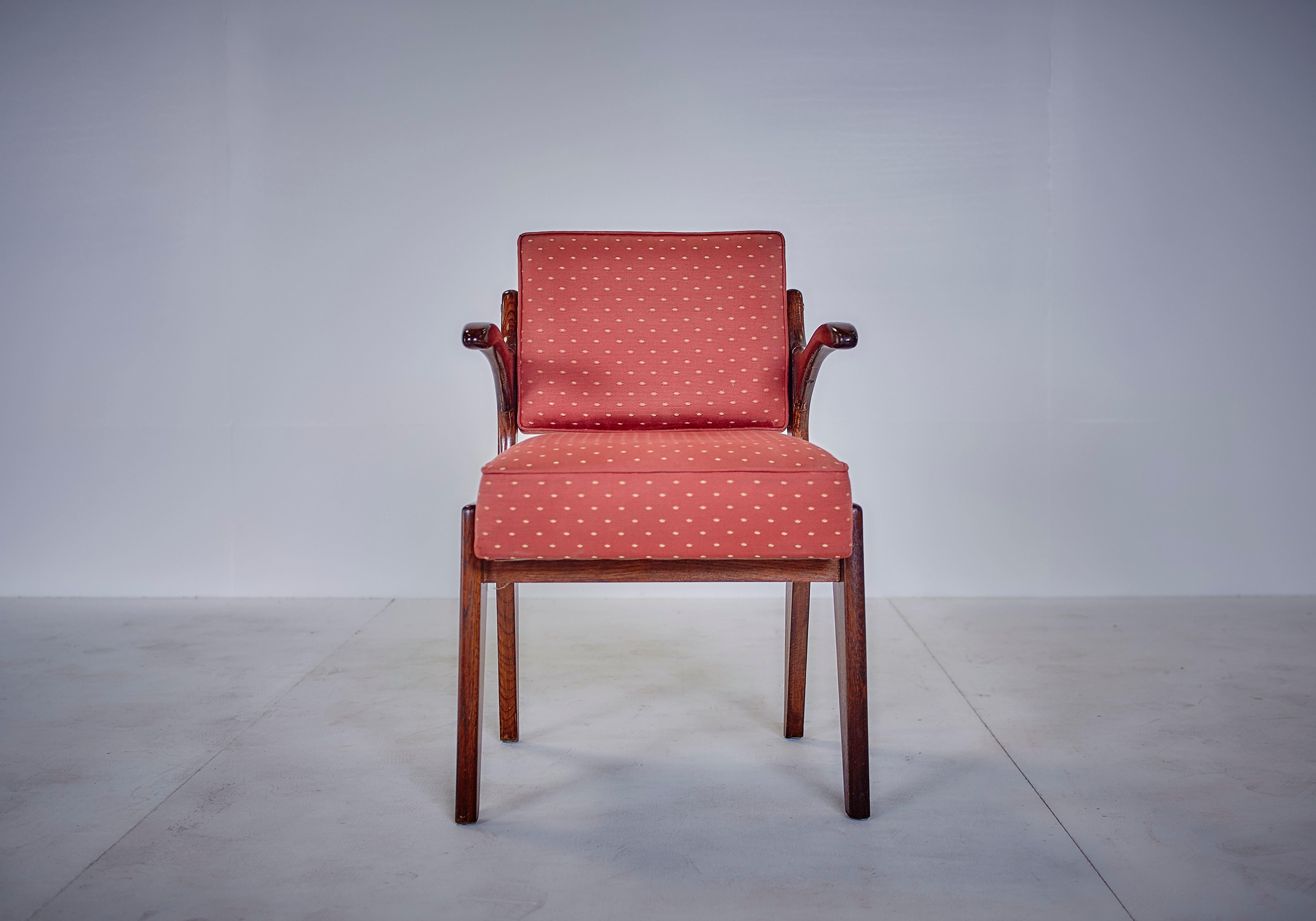 Guillerme & Chambron Midcentury Red Varnished Oak and Fabric French Chairs, 1960 For Sale 9