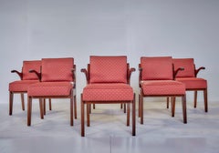 Guillerme & Chambron Midcentury Red Varnished Oak and Fabric French Chairs, 1960