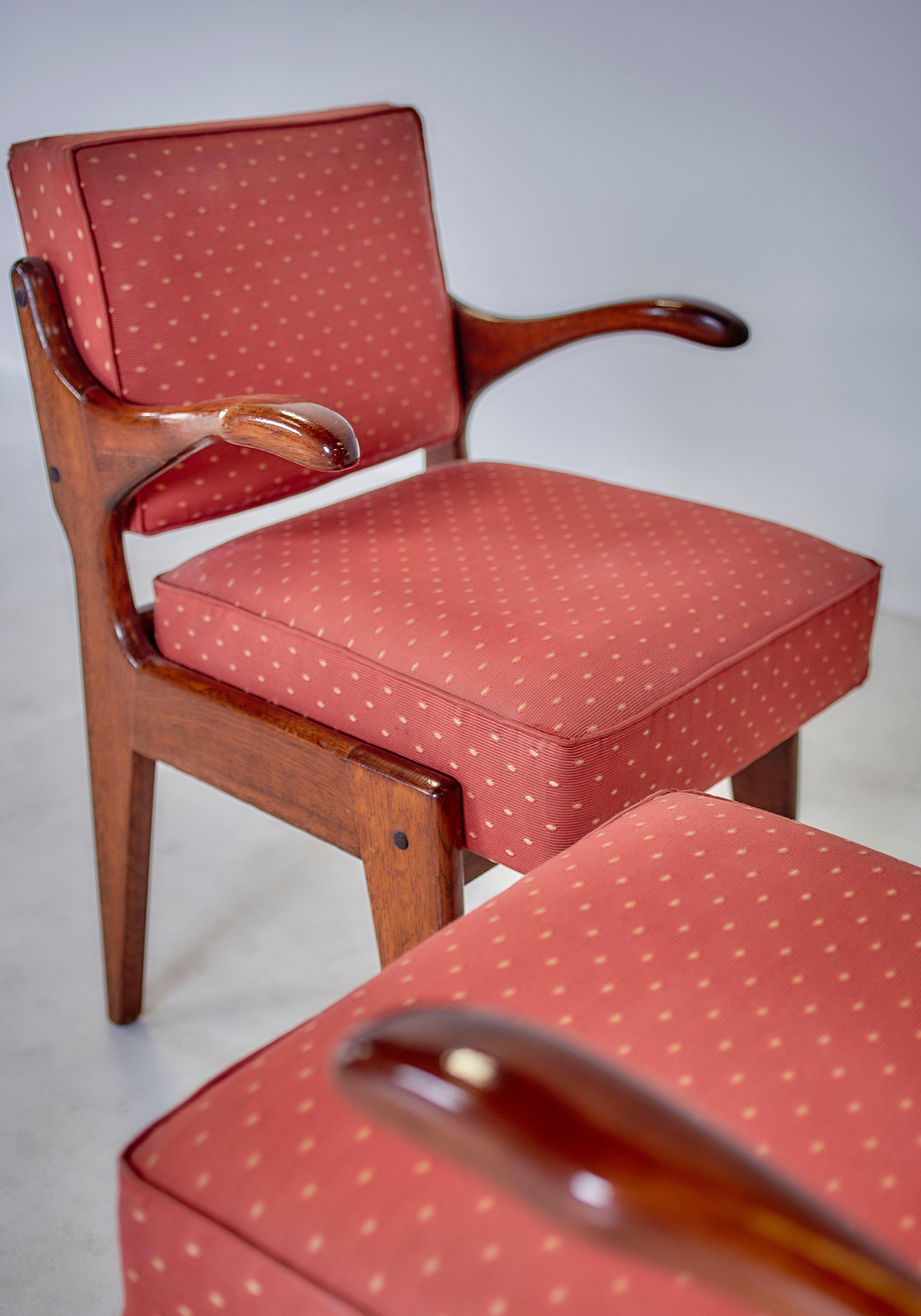 Mid-20th Century Guillerme & Chambron Midcentury Red Varnished Oak and Fabric French Chairs, 1960 For Sale