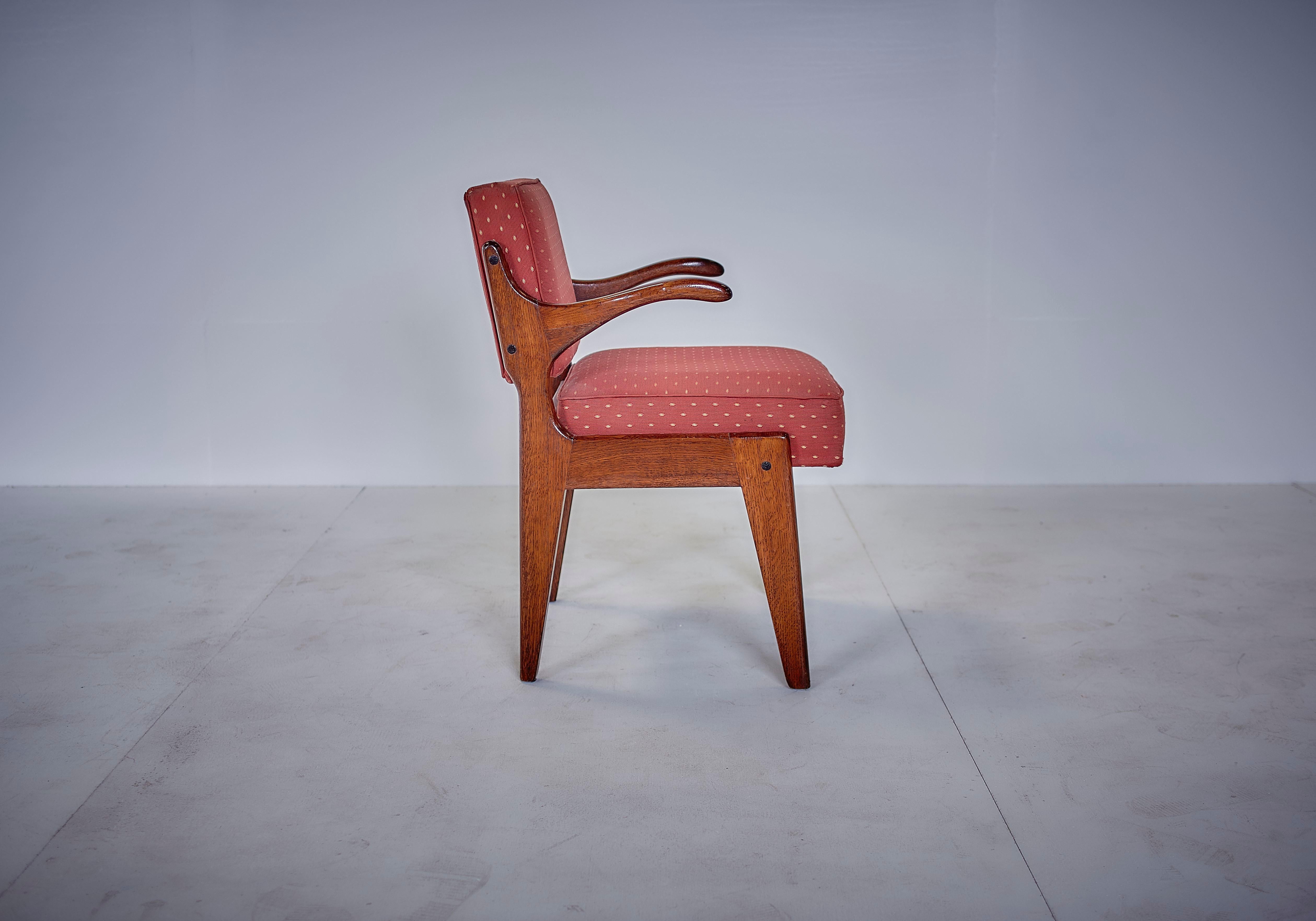 Guillerme & Chambron Midcentury Red Varnished Oak and Fabric French Chairs, 1960 For Sale 1