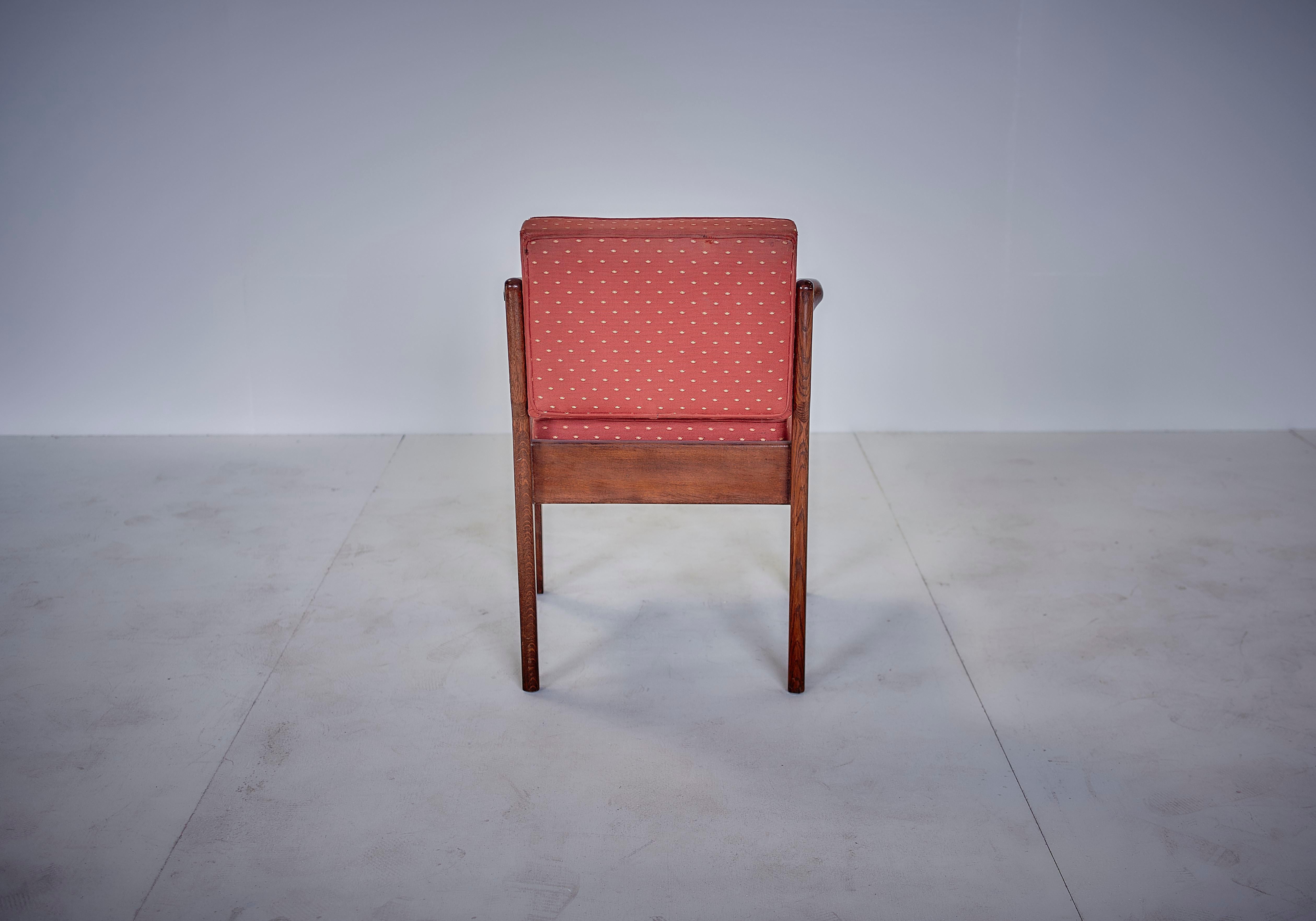 Guillerme & Chambron Midcentury Red Varnished Oak and Fabric French Chairs, 1960 For Sale 3