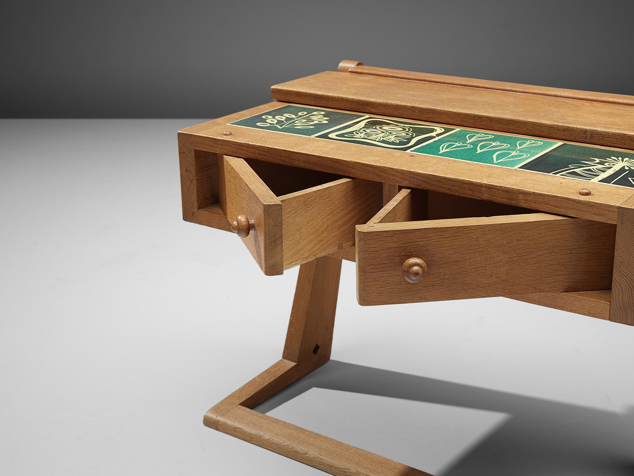 Mid-20th Century Guillerme & Chambron School Desk with Ceramic Tiles