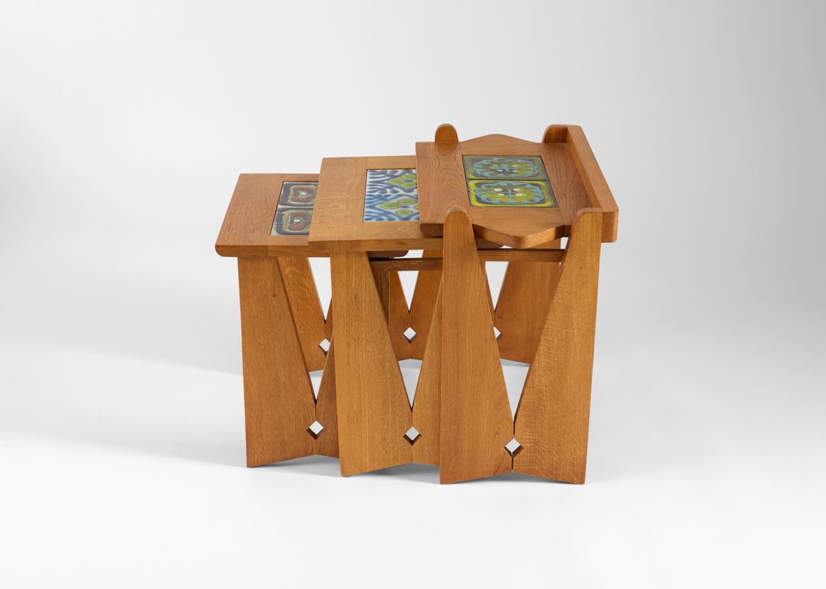 20th Century Guillerme & Chambron, Set of 3 Tile-Topped Nesting Tables, France, Midcentury For Sale