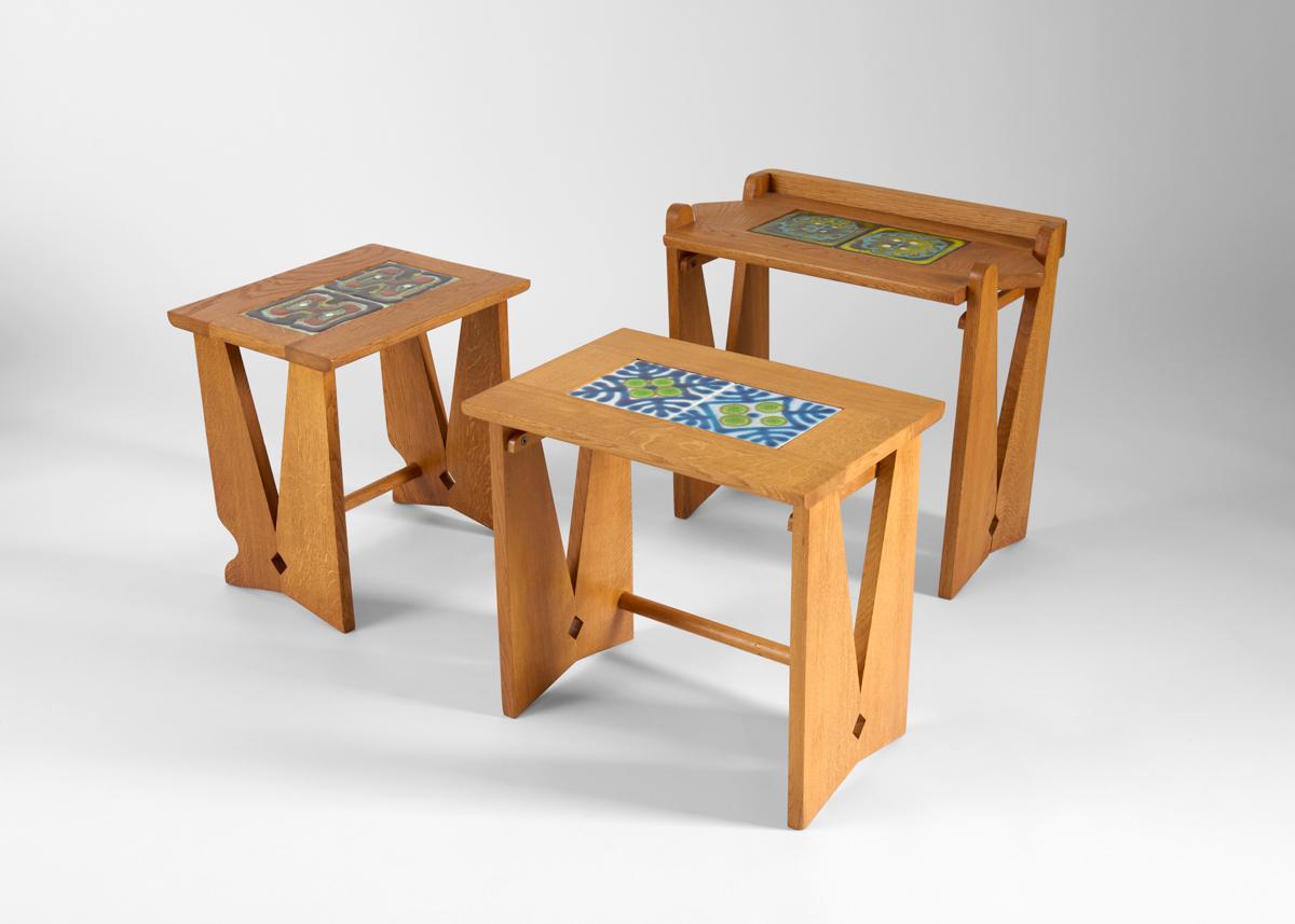 Ceramic Guillerme & Chambron, Set of 3 Tile-Topped Nesting Tables, France, Midcentury For Sale
