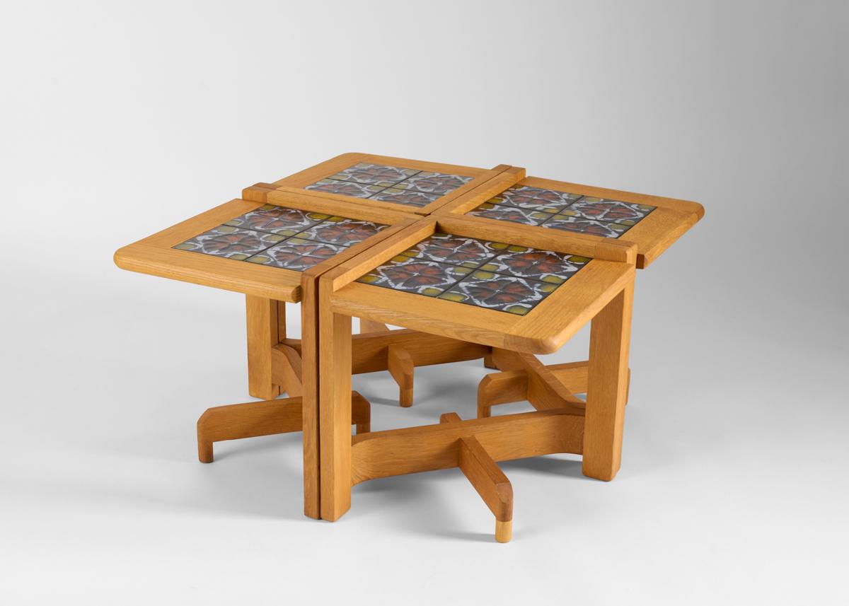 French Guillerme & Chambron, Set of 4 Side Tables, Oak & Ceramic Coffee Table, France For Sale