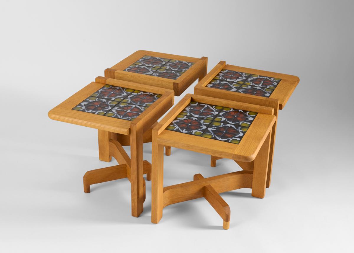 Glazed Guillerme & Chambron, Set of 4 Side Tables, Oak & Ceramic Coffee Table, France For Sale