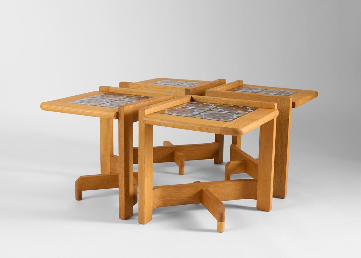 20th Century Guillerme & Chambron, Set of 4 Side Tables, Oak & Ceramic Coffee Table, France For Sale