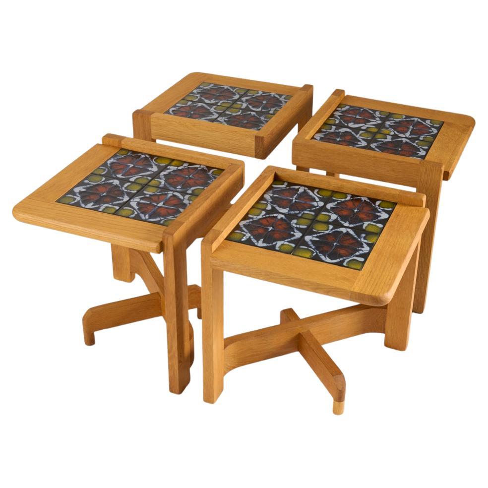 Guillerme & Chambron, Set of 4 Side Tables, Oak & Ceramic Coffee Table, France For Sale