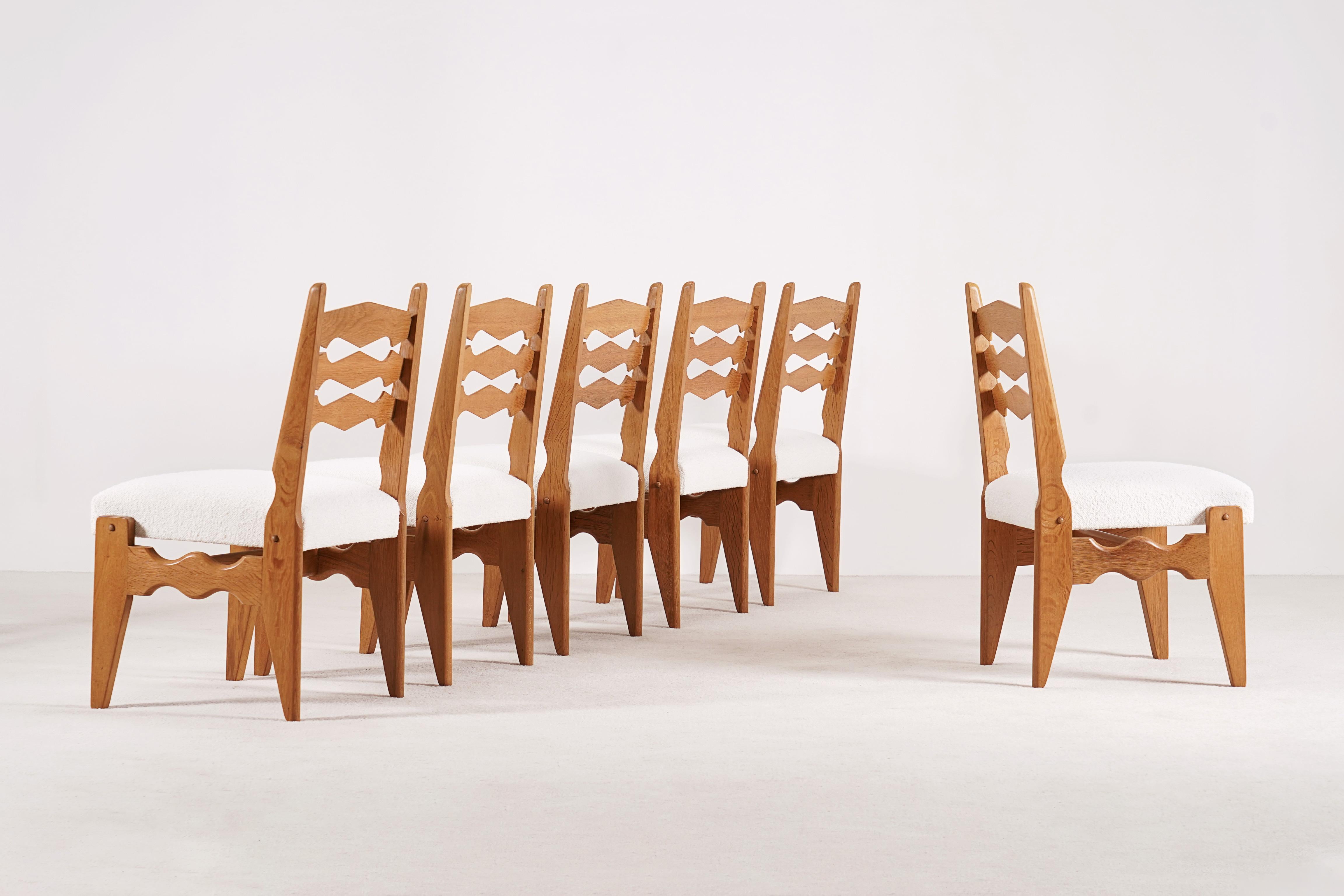 French Guillerme & Chambron, Set of 6 Oak Chairs for Votre Maison, 1960. Bouclé Fabric.