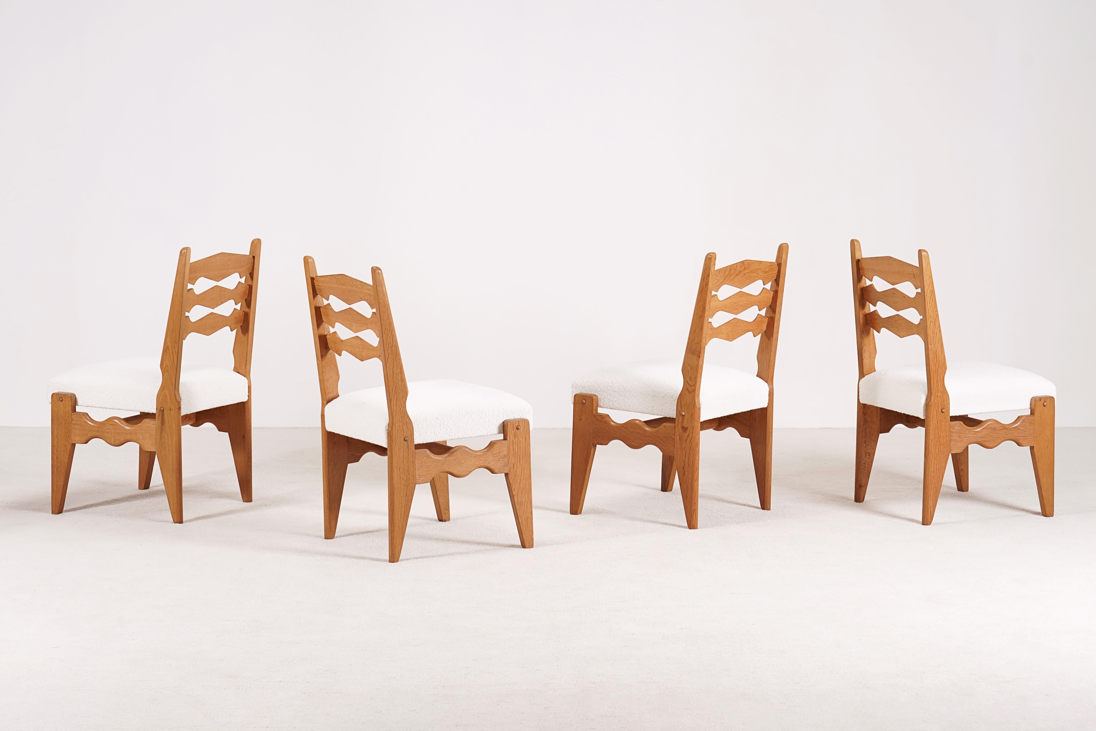 Guillerme & Chambron, Set of 6 Oak Chairs for Votre Maison, 1960. Bouclé Fabric. 2