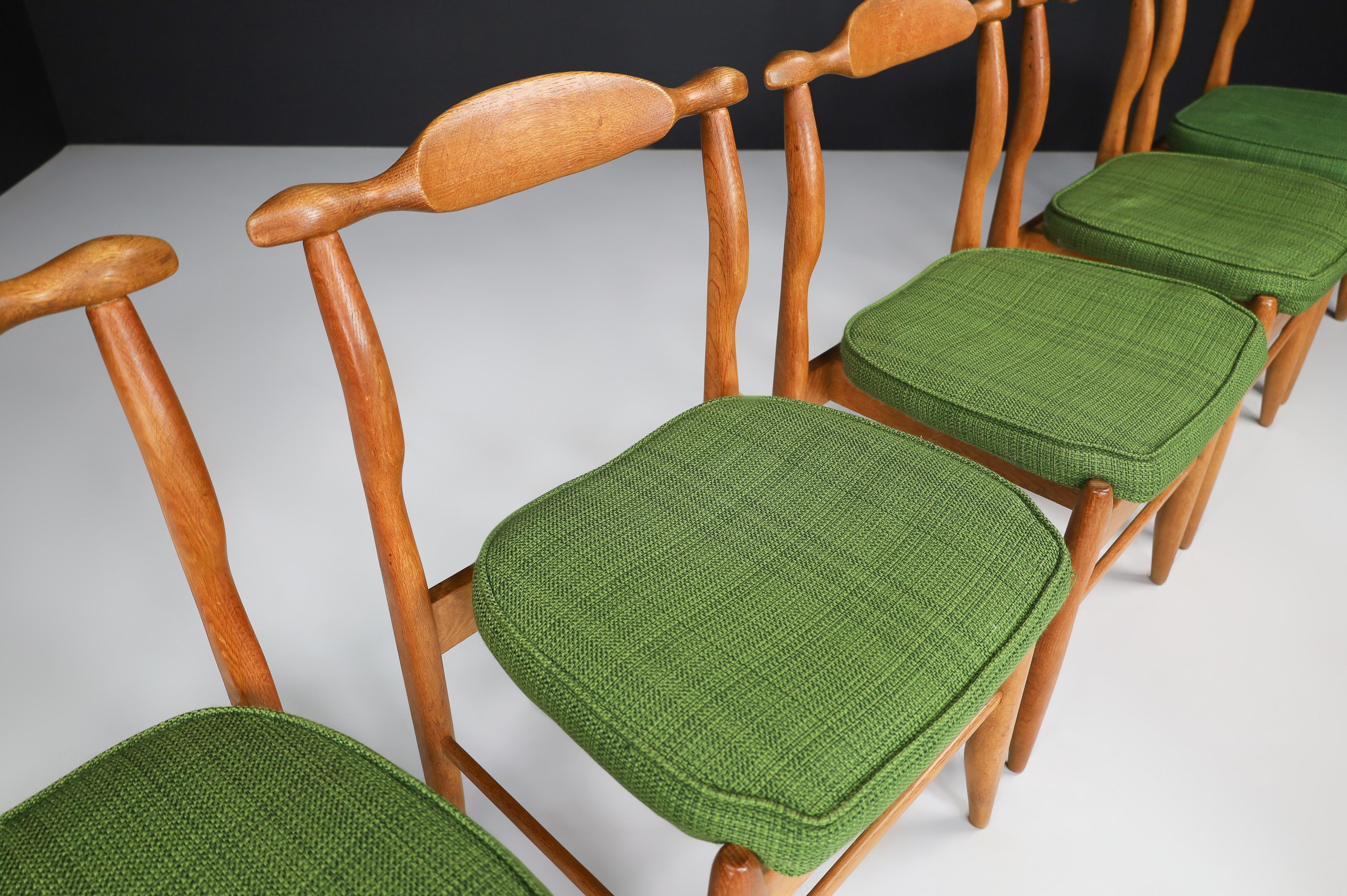 Guillerme & Chambron Set of Eight Dining Chairs in Oak and Forrest Green Fabric For Sale 4