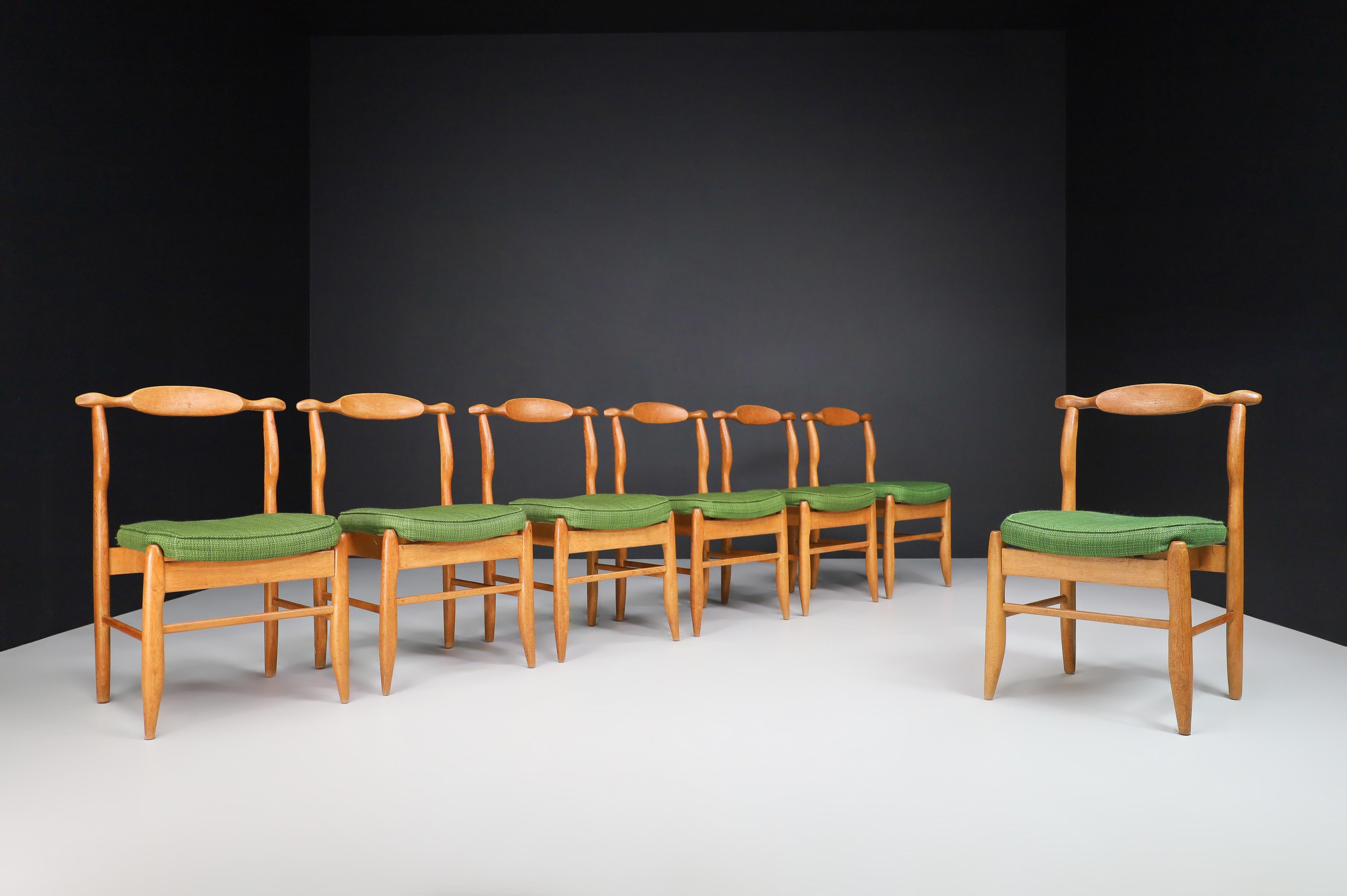Guillerme & Chambron Set of Eight Dining Chairs in Oak and Forrest Green Fabric For Sale 9