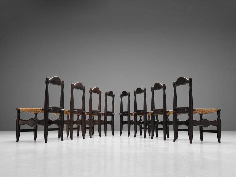 Mid-20th Century Guillerme & Chambron Set of Eight Dining Chairs in Oak and Rush For Sale