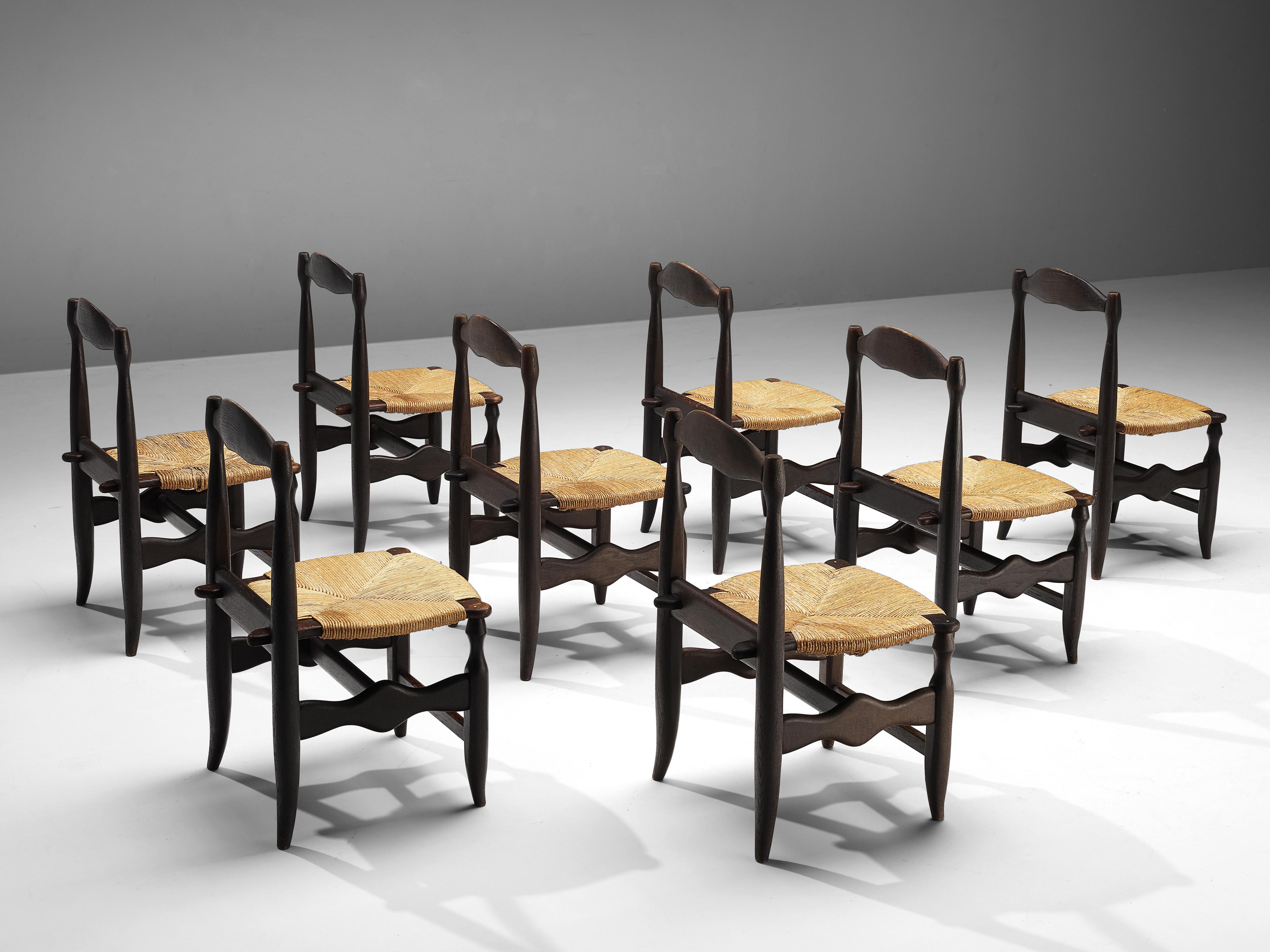Guillerme & Chambron Set of Eight Dining Chairs in Oak and Rush 2