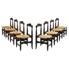 Retro Guillerme & Chambron Set of Eight Dining Chairs in Oak and Rush