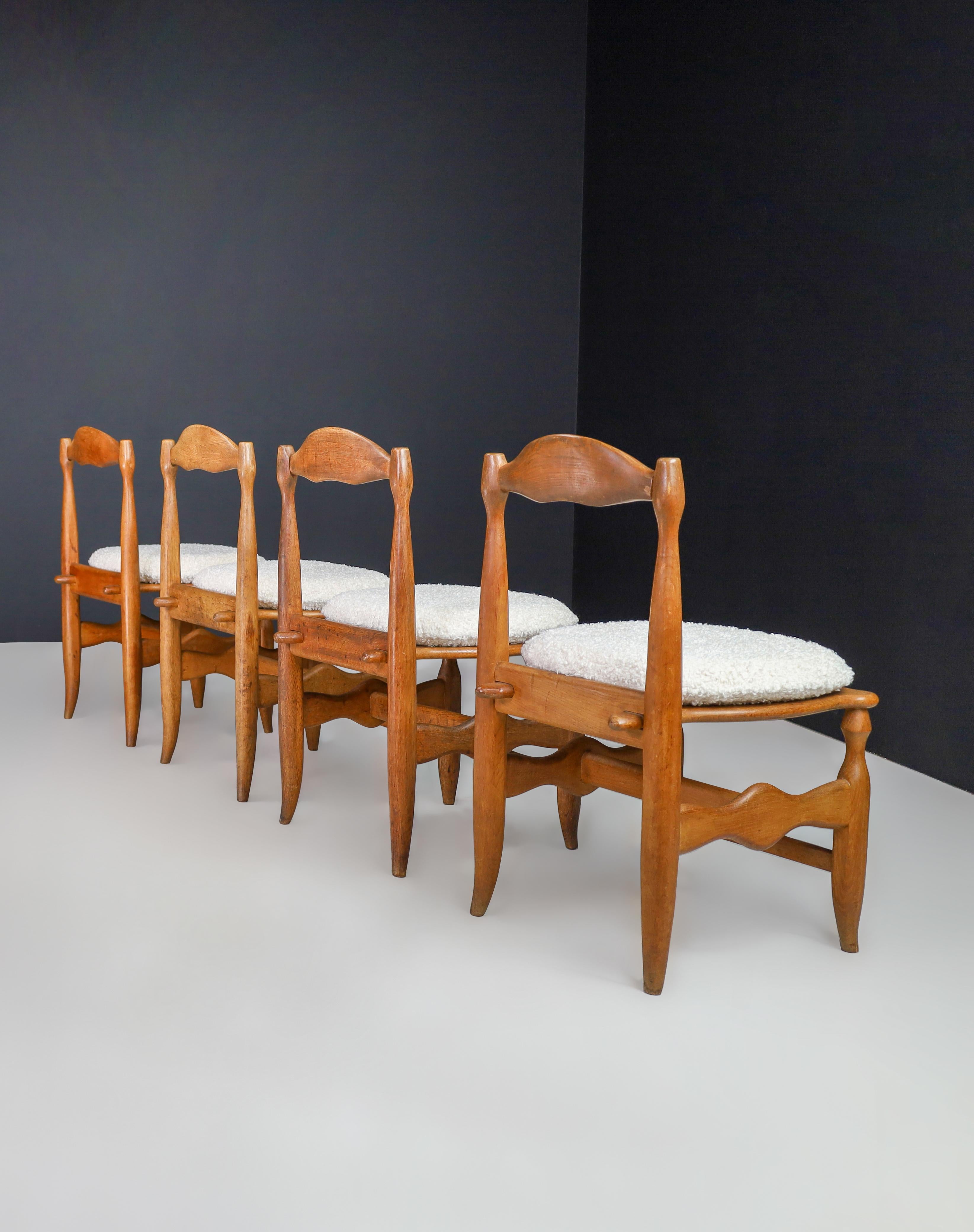 Guillerme & Chambron Set of Eight dining room chairs in Oak and Bouclé France  For Sale 3