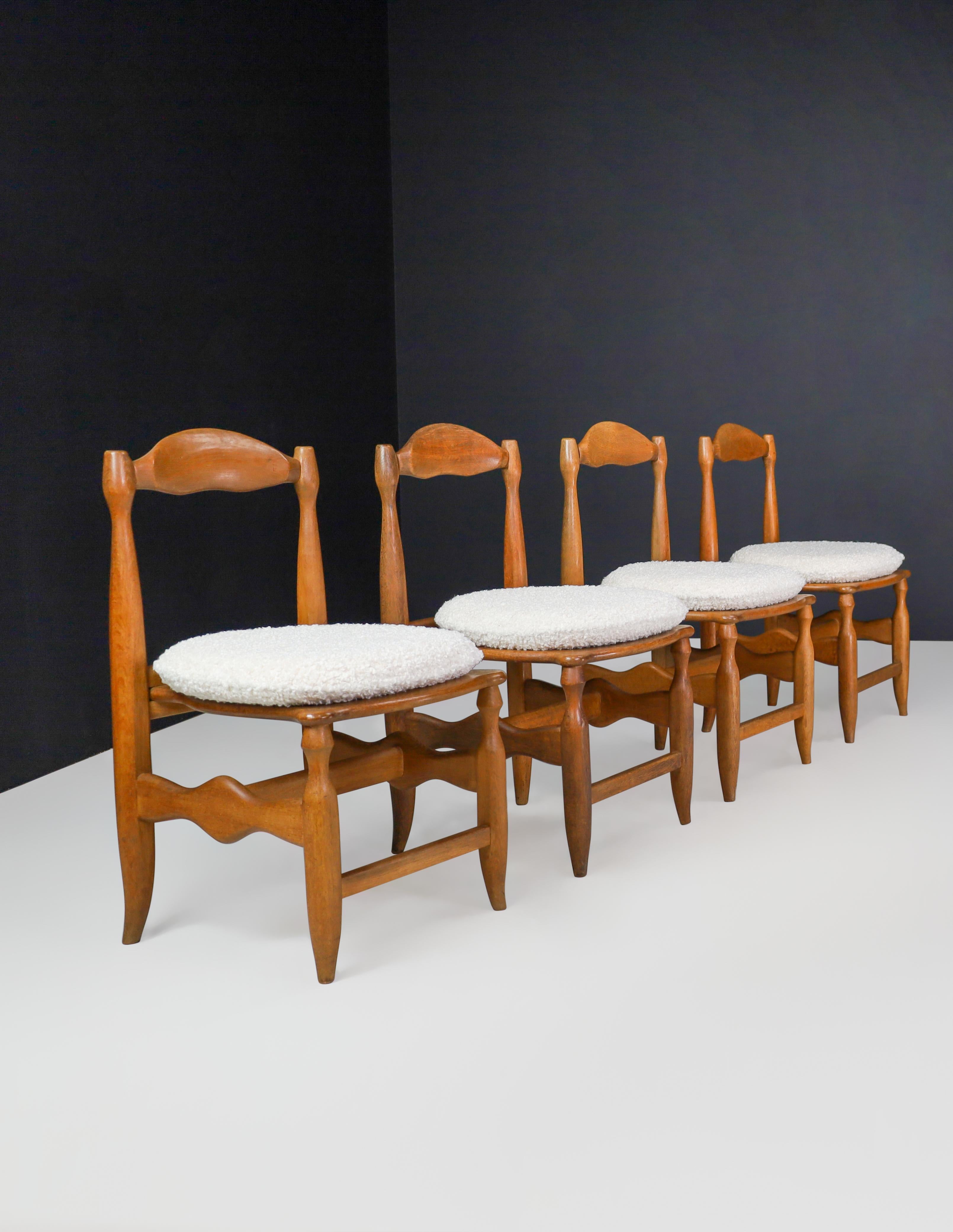 Guillerme & Chambron Set of Eight dining room chairs in Oak and Bouclé France  For Sale 1