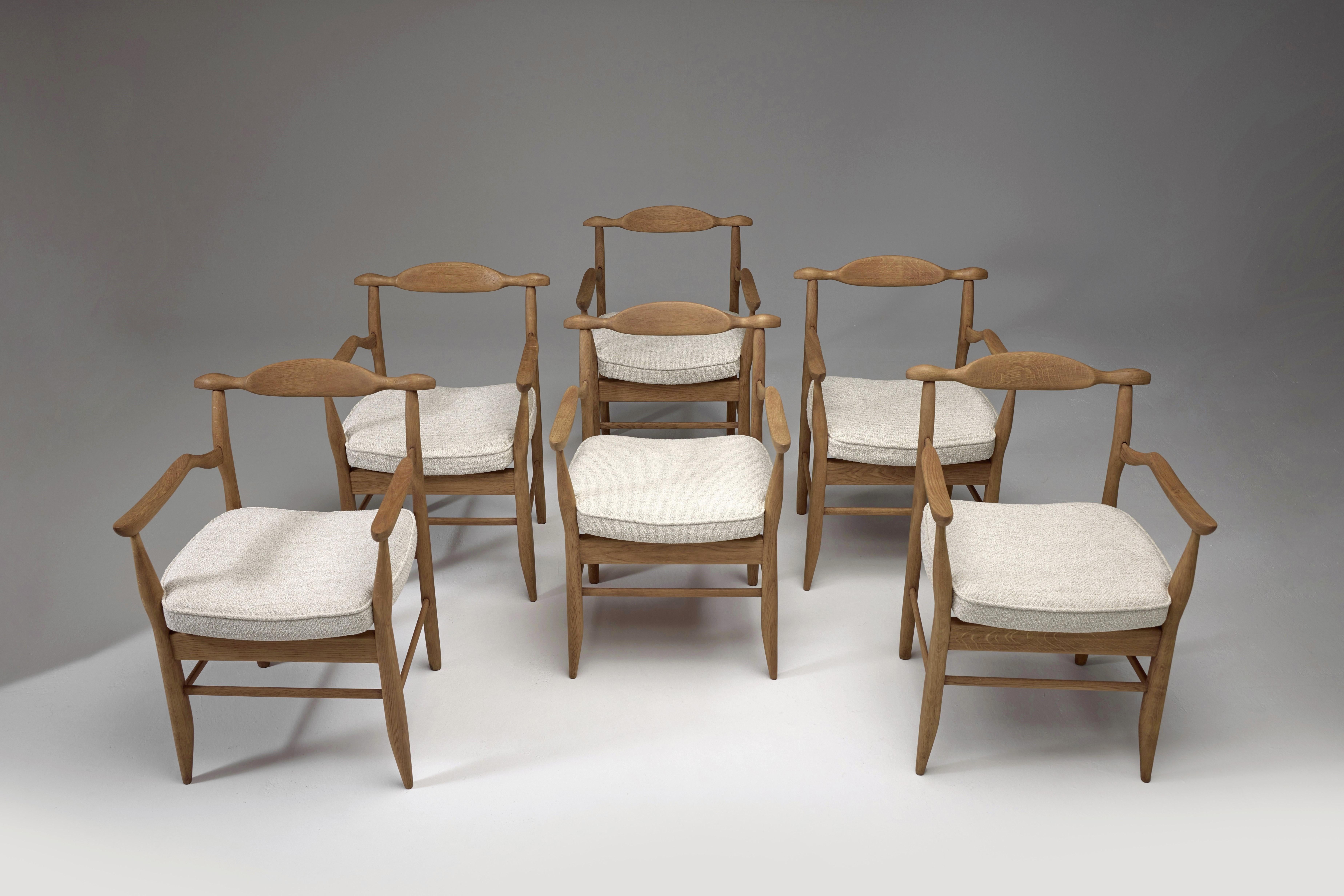 Fabric  Guillerme & Chambron Set of Eight 'Fumay' Dining Armchairs, France, 1960s For Sale