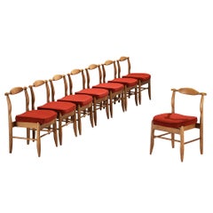 Guillerme & Chambron Set of Eight 'Fumay' Dining Chairs in Oak and Red Wool