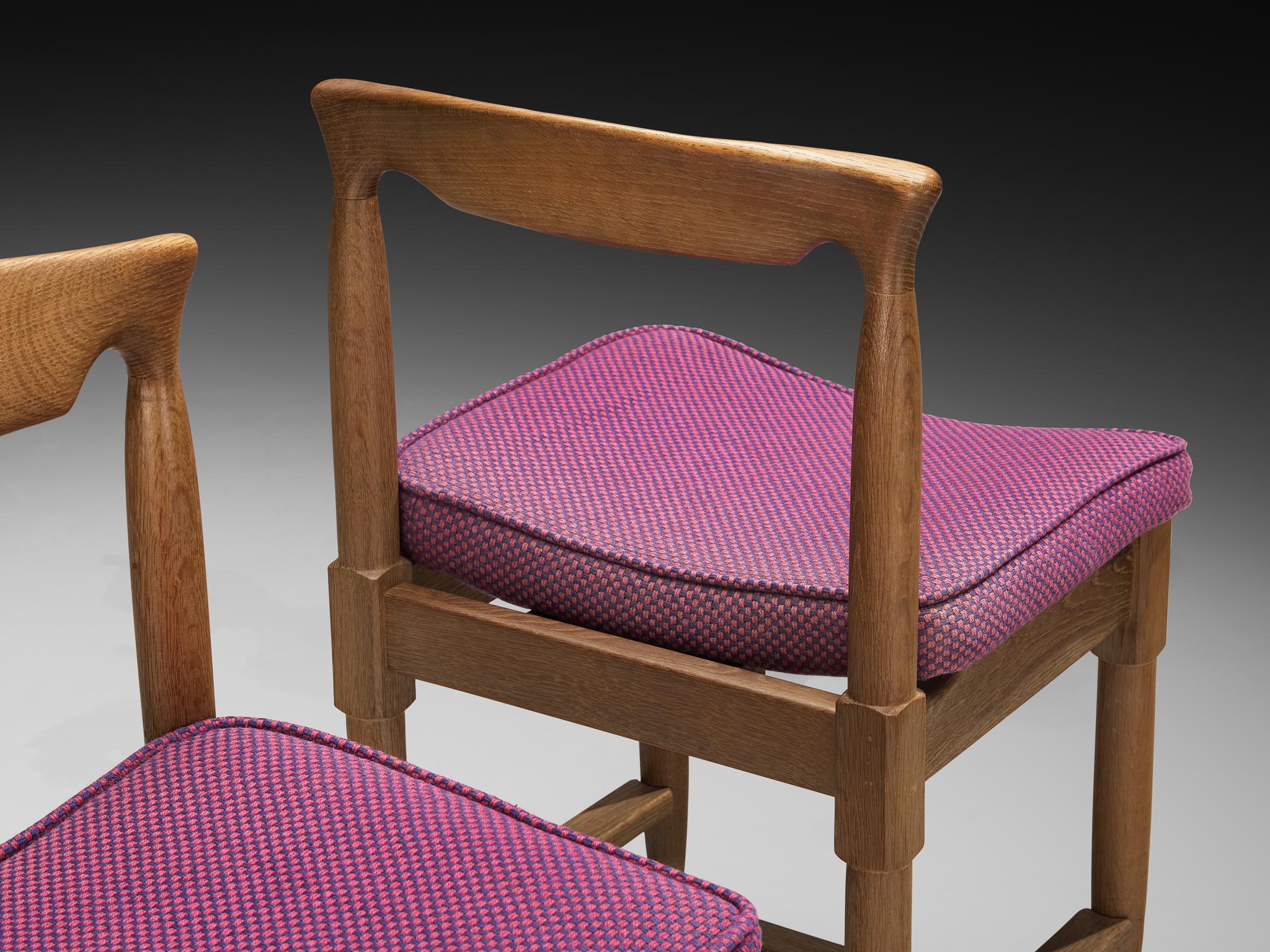 Guillerme & Chambron Set of Five Dining Chairs in Oak and Purple Wool For Sale 7