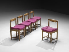 Guillerme & Chambron Set of Five Dining Chairs in Oak and Purple Wool