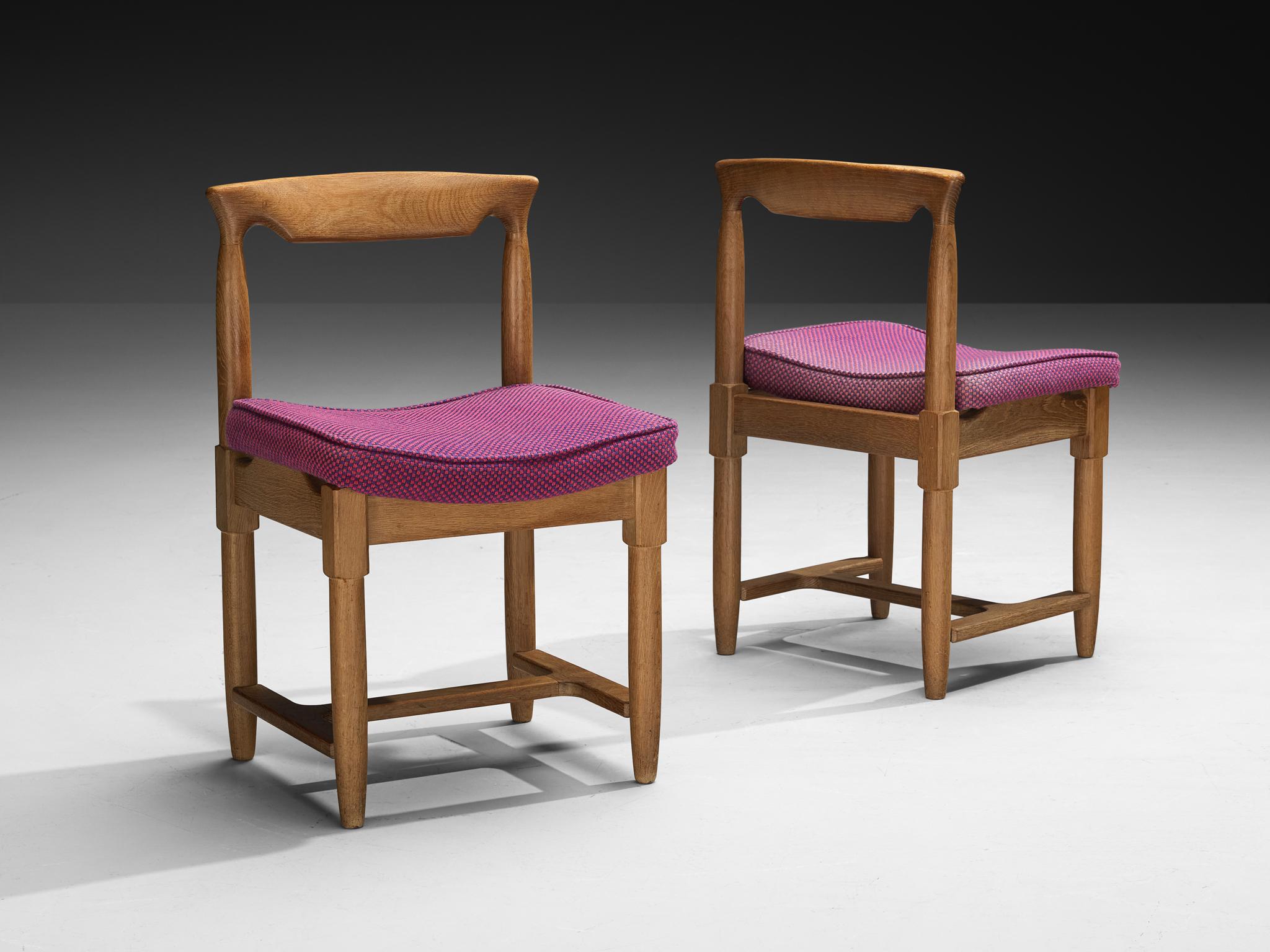 Mid-Century Modern Guillerme & Chambron Set of Five Dining Chairs in Oak and Purple Wool For Sale