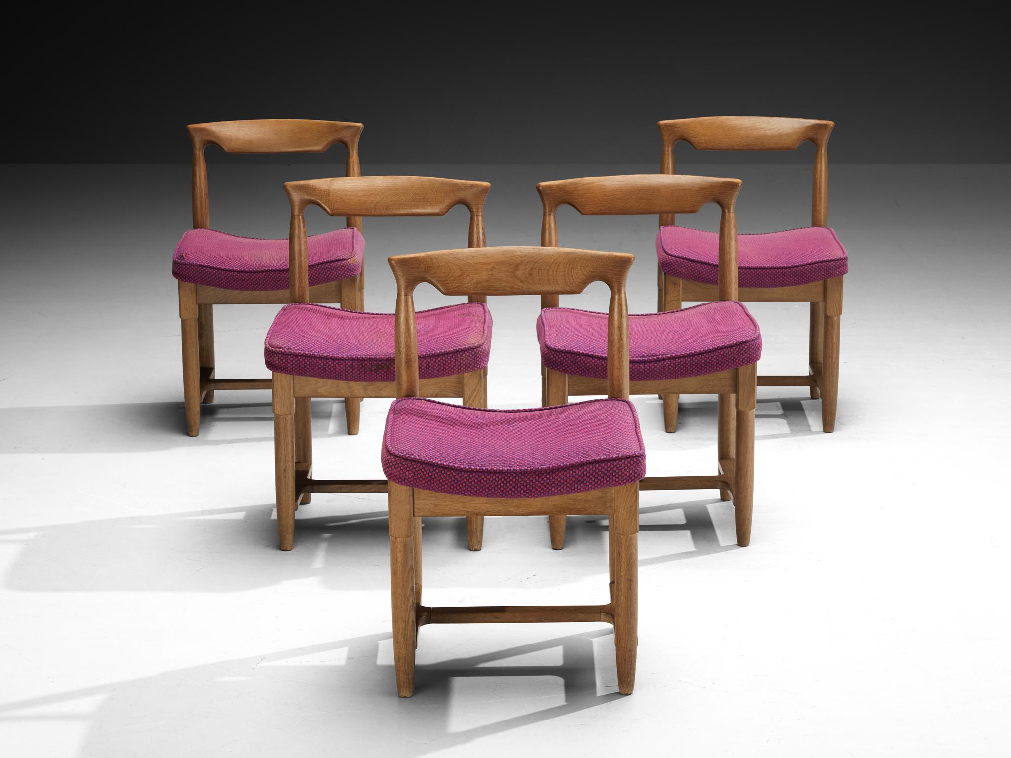 French Guillerme & Chambron Set of Five Dining Chairs in Oak and Purple Wool For Sale